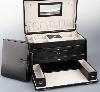 27038146b - XXL Schmuckkoffer aus schwarzem Leder, Made in Germany, massiver Holzkorpus aus ...