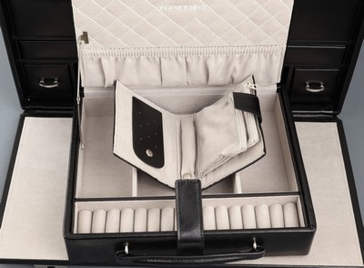 27038180c - XXL Schmuckkoffer aus schwarzem Leder, Made in Germany, massiver Holzkorpus aus ...