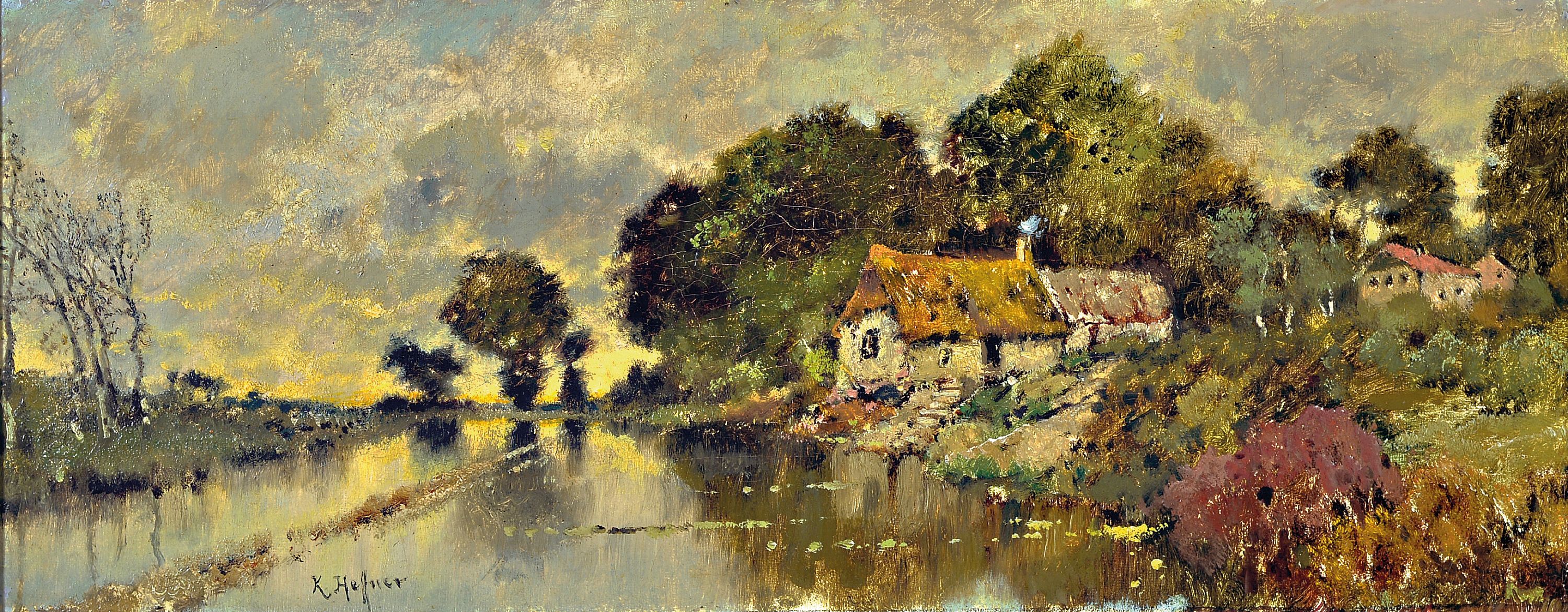 Image 27038203 - Karl Heffner, 1849 Würzburg-1925, Bauernhaus am Flußufer, Öl/Lwd, links unten sign., ...