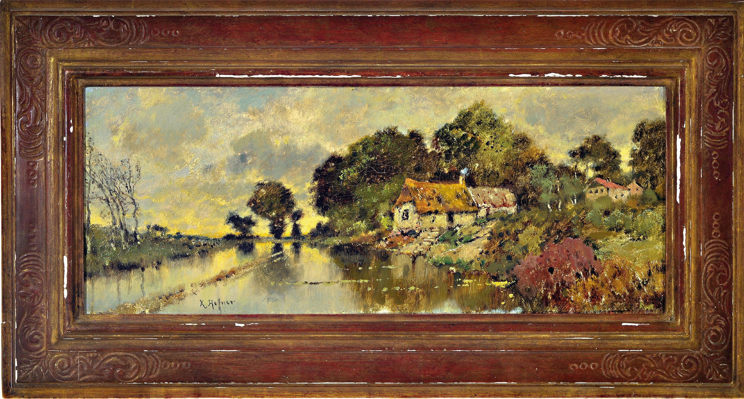 Detail k: Karl Heffner, 1849 Würzburg-1925, Bauernhaus am Flußufer, Öl/Lwd, links unten sign., rückseitig Etikett Kunsthaus Bühler Stuttgart, dort ...