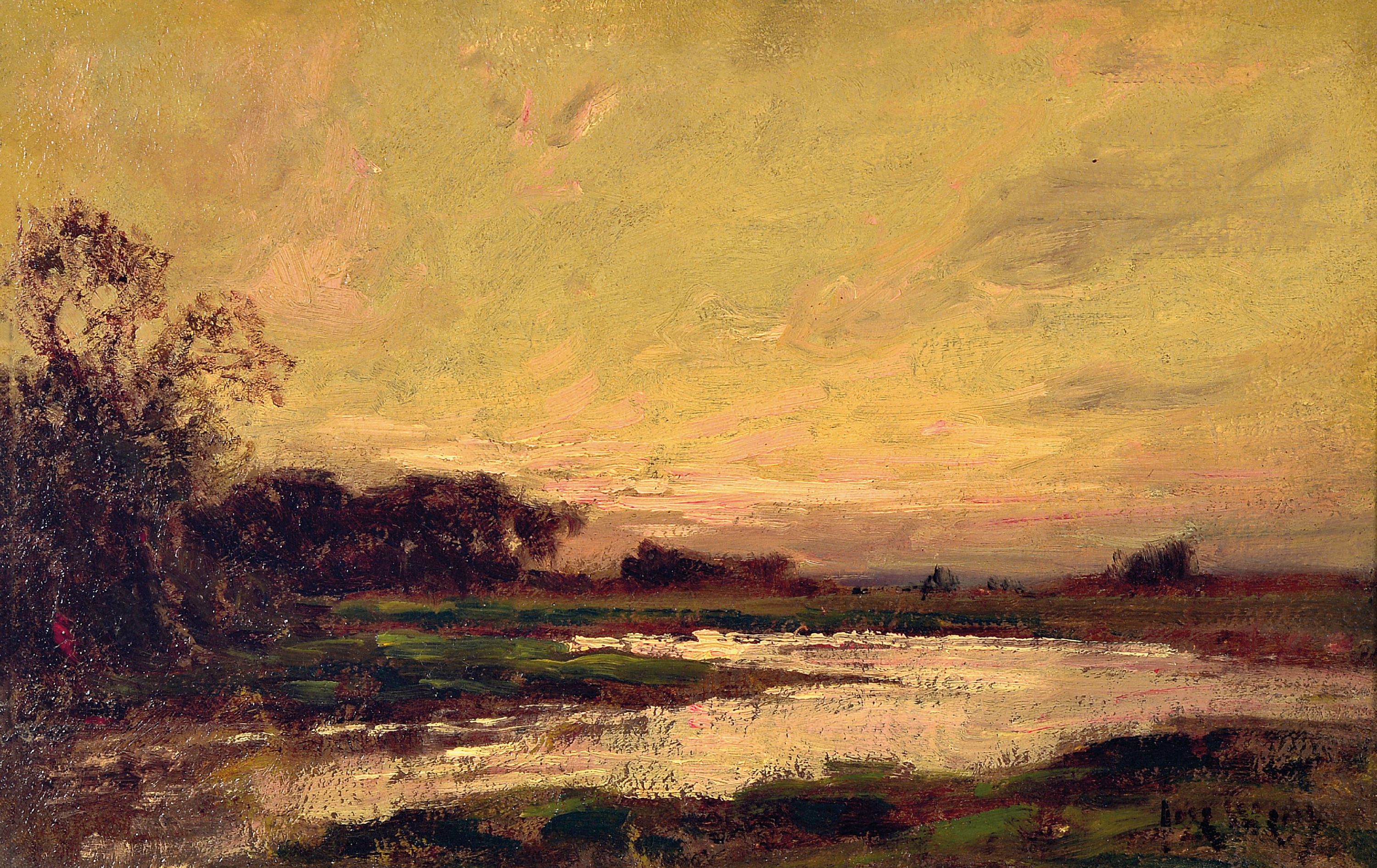 Image 27038205 - Jose Weiss, 1859-1919, Flußlandschaft im Abendrot, Öl/Holz, rechts unten sign., ca. 25 ...