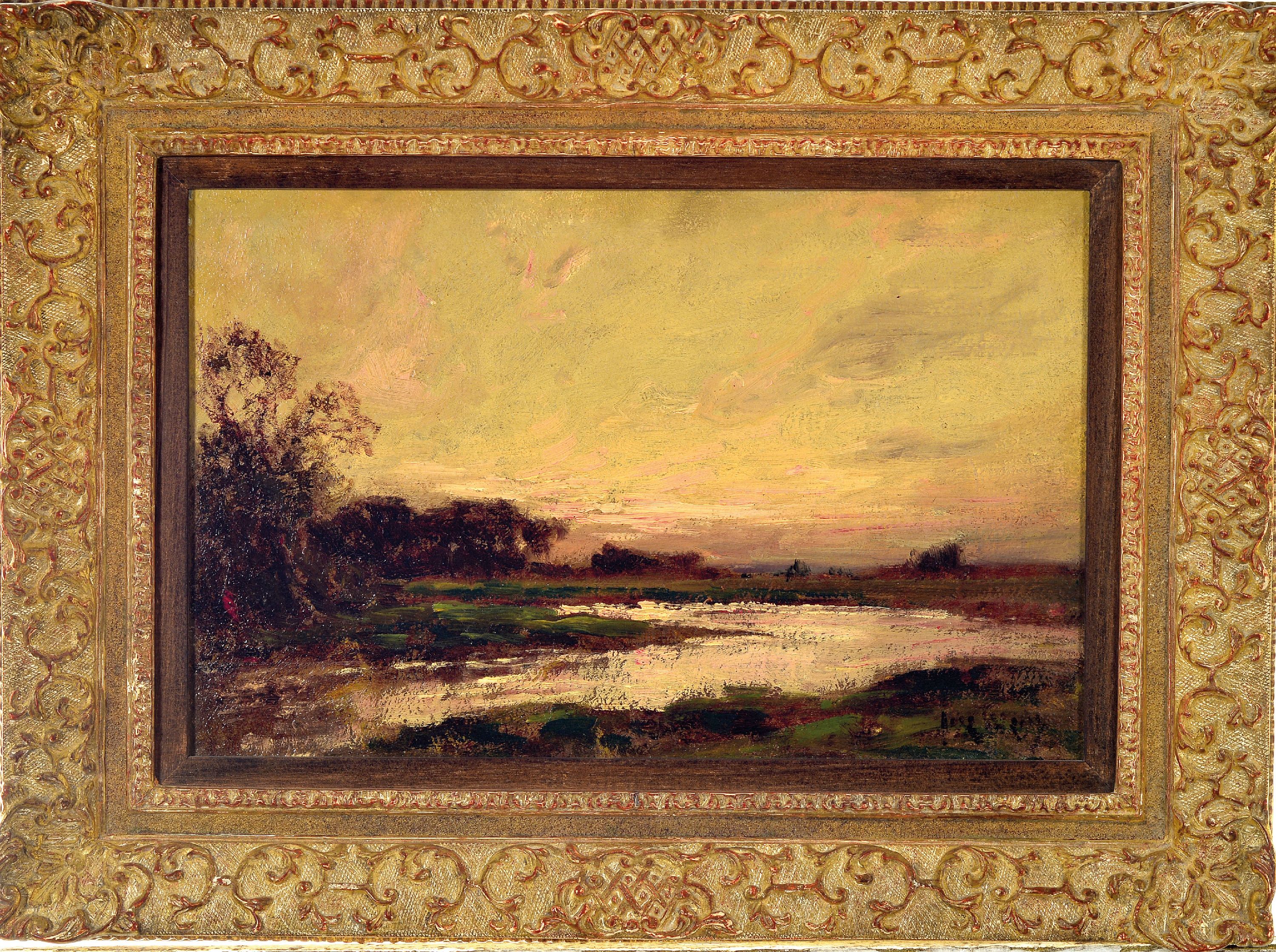 Detail k: Jose Weiss, 1859-1919, Flußlandschaft im Abendrot, Öl/Holz, rechts unten sign., ca. 25 x 37.5 cm, rückseitig Etikett Kunsthaus Bühler Stuttgart, ...