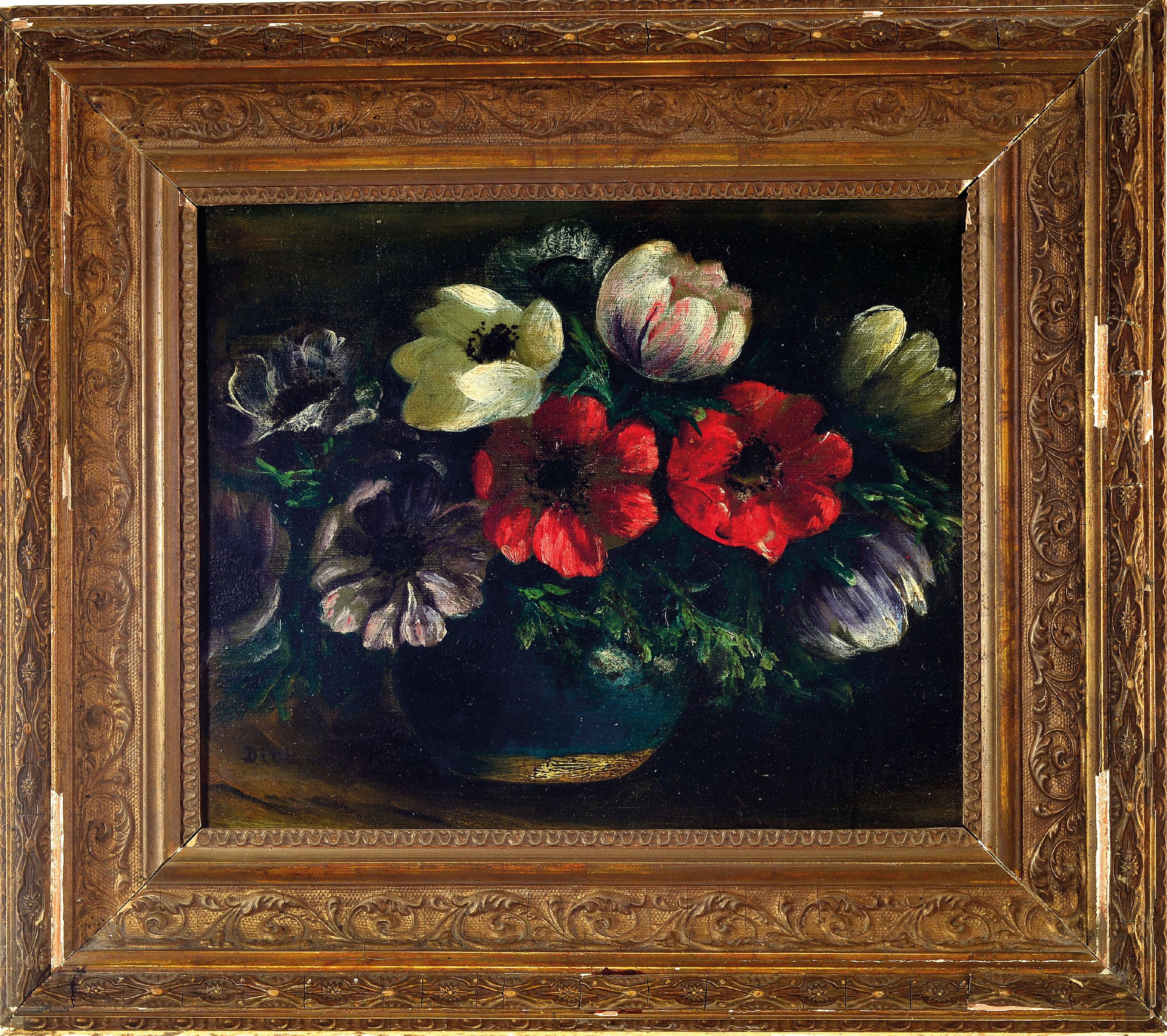 Detail k: Dick van der Mej..., niederländischer Maler der 1. Hälfte des 20. Jh., Stillleben mit Anemonen, Öl/Holz, links unten schwer lesbar sign., ca. 22 x ...