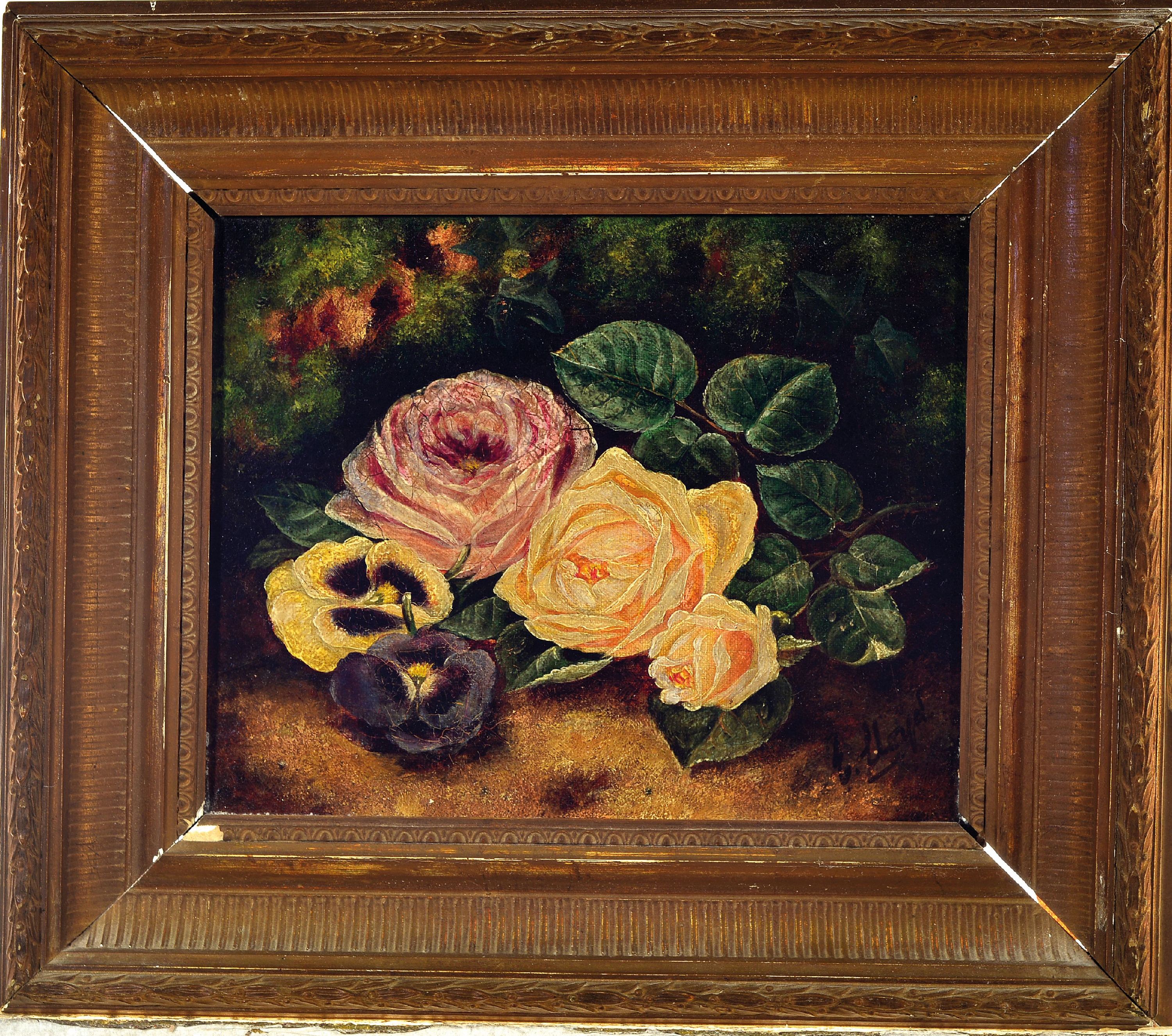 Detail k: Ethel A. Lloyd, Malerin des 19. Jh., Stillleben mit Rosen, Öl/Lwd, links unten signiert, ca. 20.5 x 26 cm, Rahmen ca. 32 x 37 cm, Rahmen