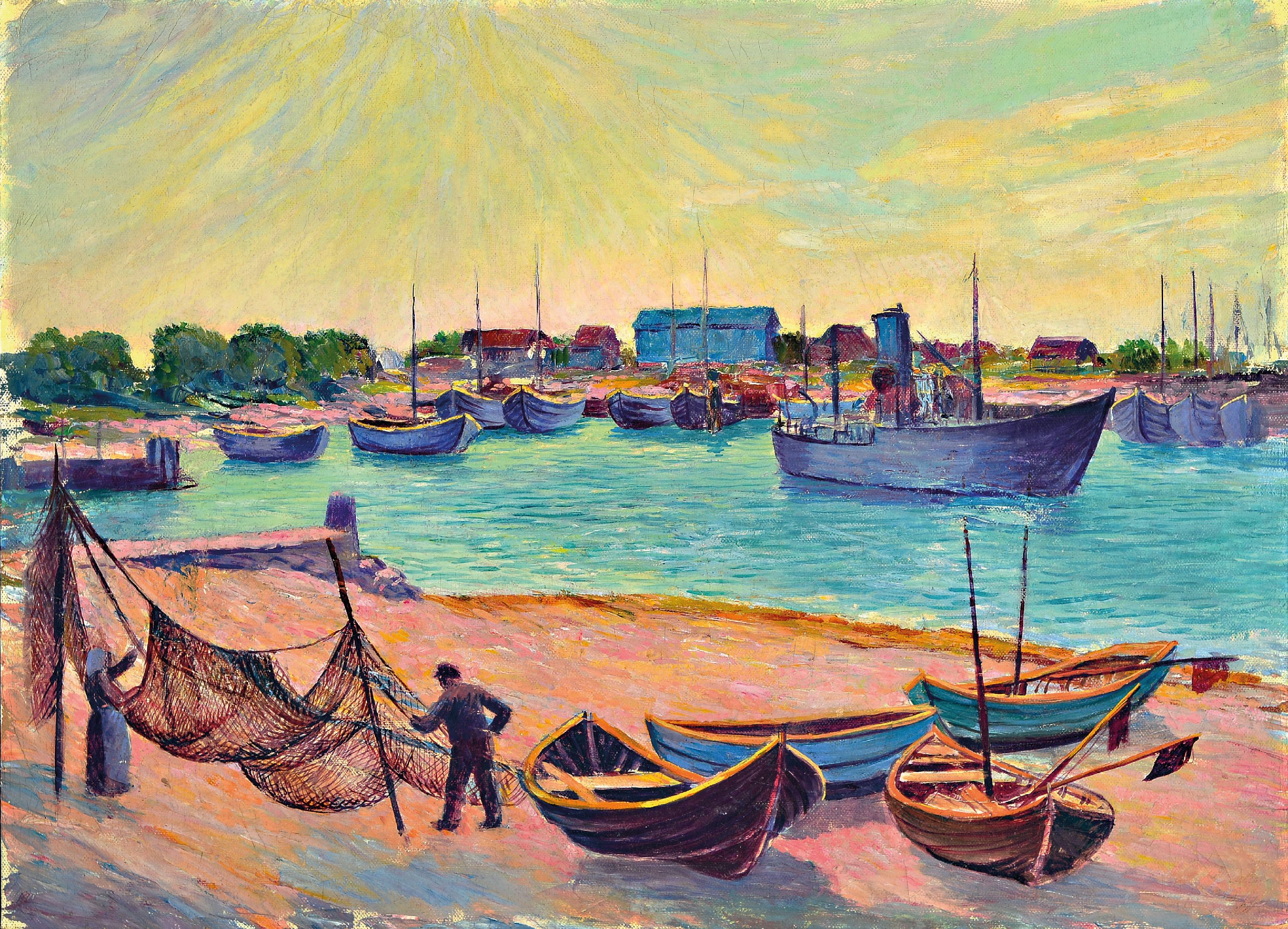 Image 27038328 - Otto Möller, 1883 Schmiedefeld-1964 Berlin, Fischerhafen, Öl/Leinen, verso bez. ´ ...