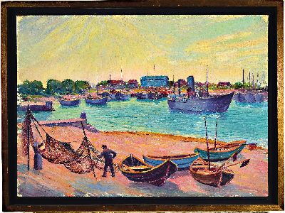 27038328k - Otto Möller, 1883 Schmiedefeld-1964 Berlin, Fischerhafen, Öl/Leinen, verso bez. ´ ...