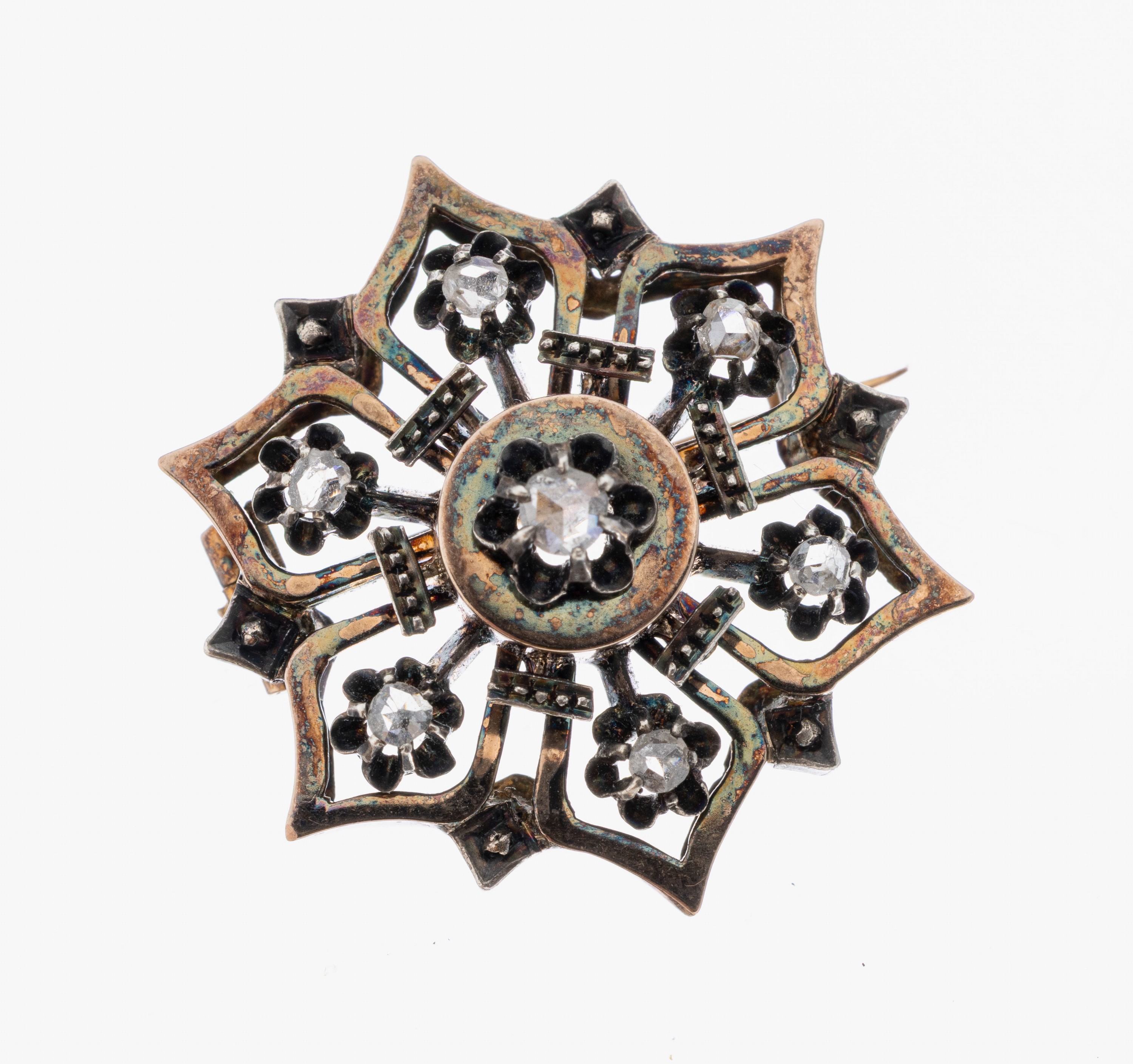 Image 27038631 - 14 kt Gold Diamant-Brosche, wohl Frankreich, um 1830-40, RG 585/000 gepr., und Silber, ...