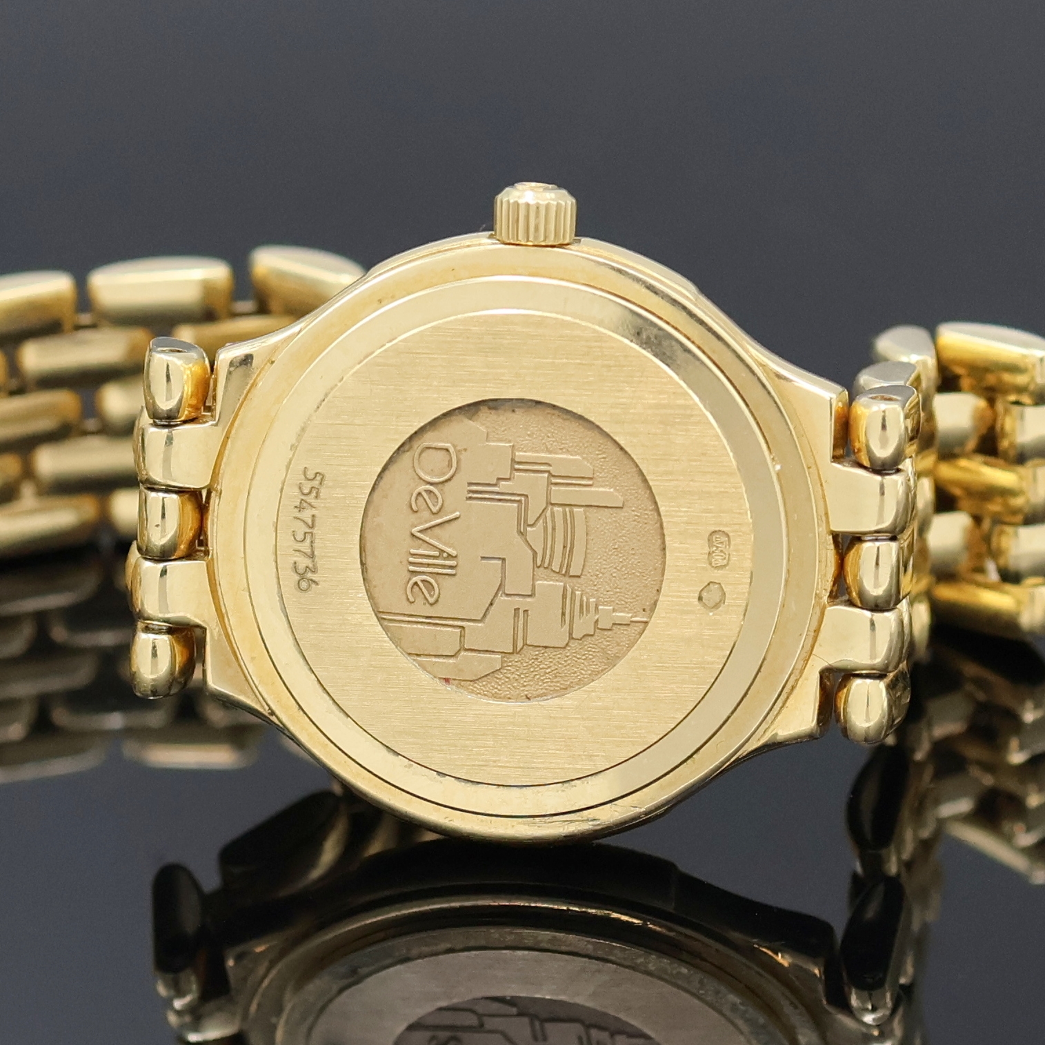 Detail e: OMEGA De Ville Damenarmbanduhr in GG 750/000 mit Diamanten Referenz 7951520/8951520, Schweiz um 1990, quarz, orig. Goldband, Boden aufgedr., Lünette ...