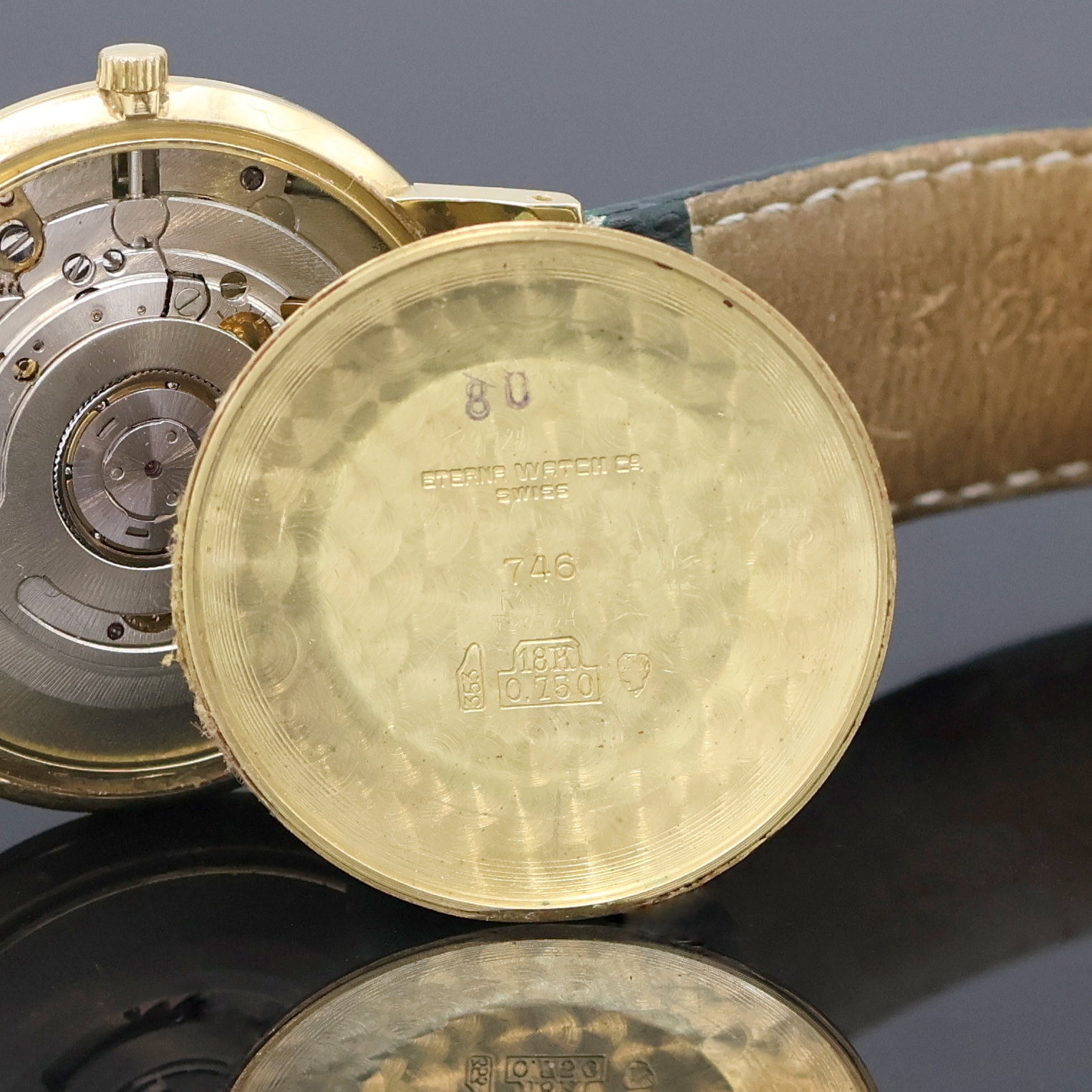 Detail g: ETERNA-MATIC Armbanduhr in GG 750/000, Schweiz um 1965, Automatik, Boden u. Glasrand aufgedr., silb. Zifferbl. teils berieben/pat., gold. Std.-Ind. ...