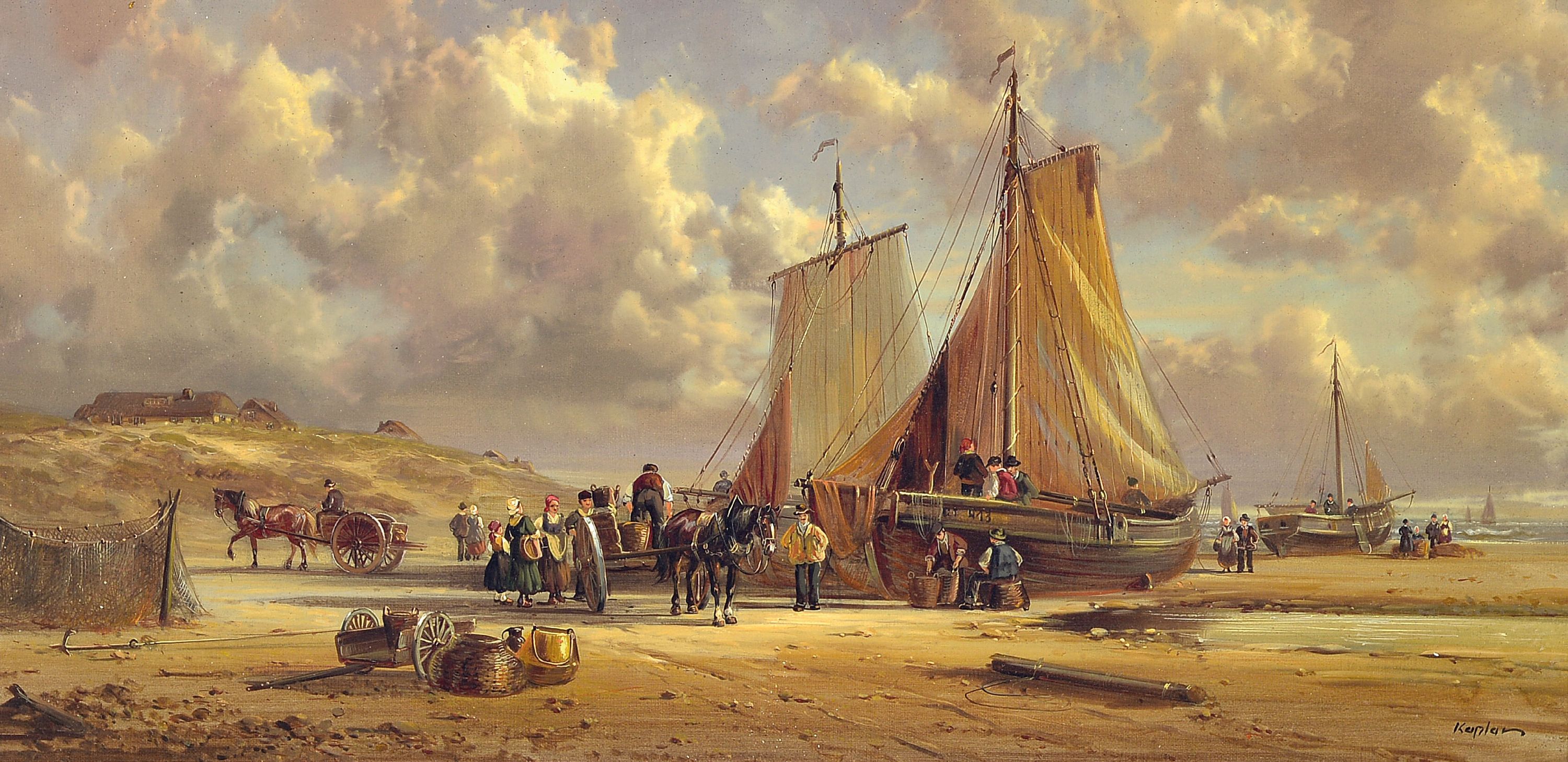 Image 27039569 - Hubert Kaplan, 1940 München-2024 Egling, Heimkehrende Fischer, am Strand liegende ...