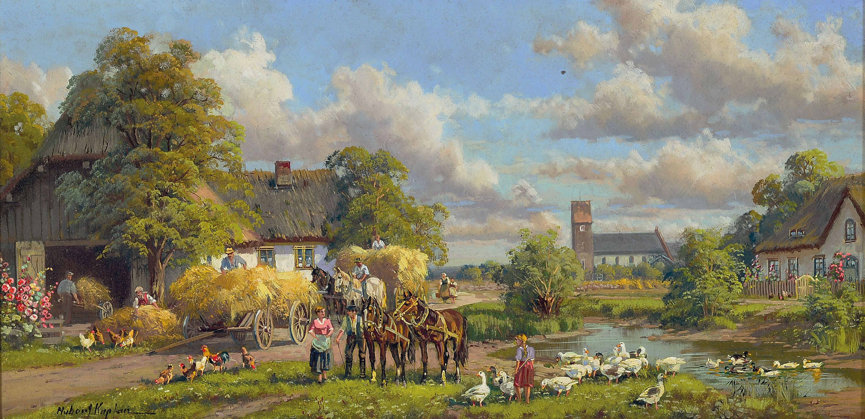 Image 27039571 - Hubert Kaplan, 1940 München-2024 Egling, ´Erntezeit´, Dorfidyll im Oberland, Fuhrwerke ...