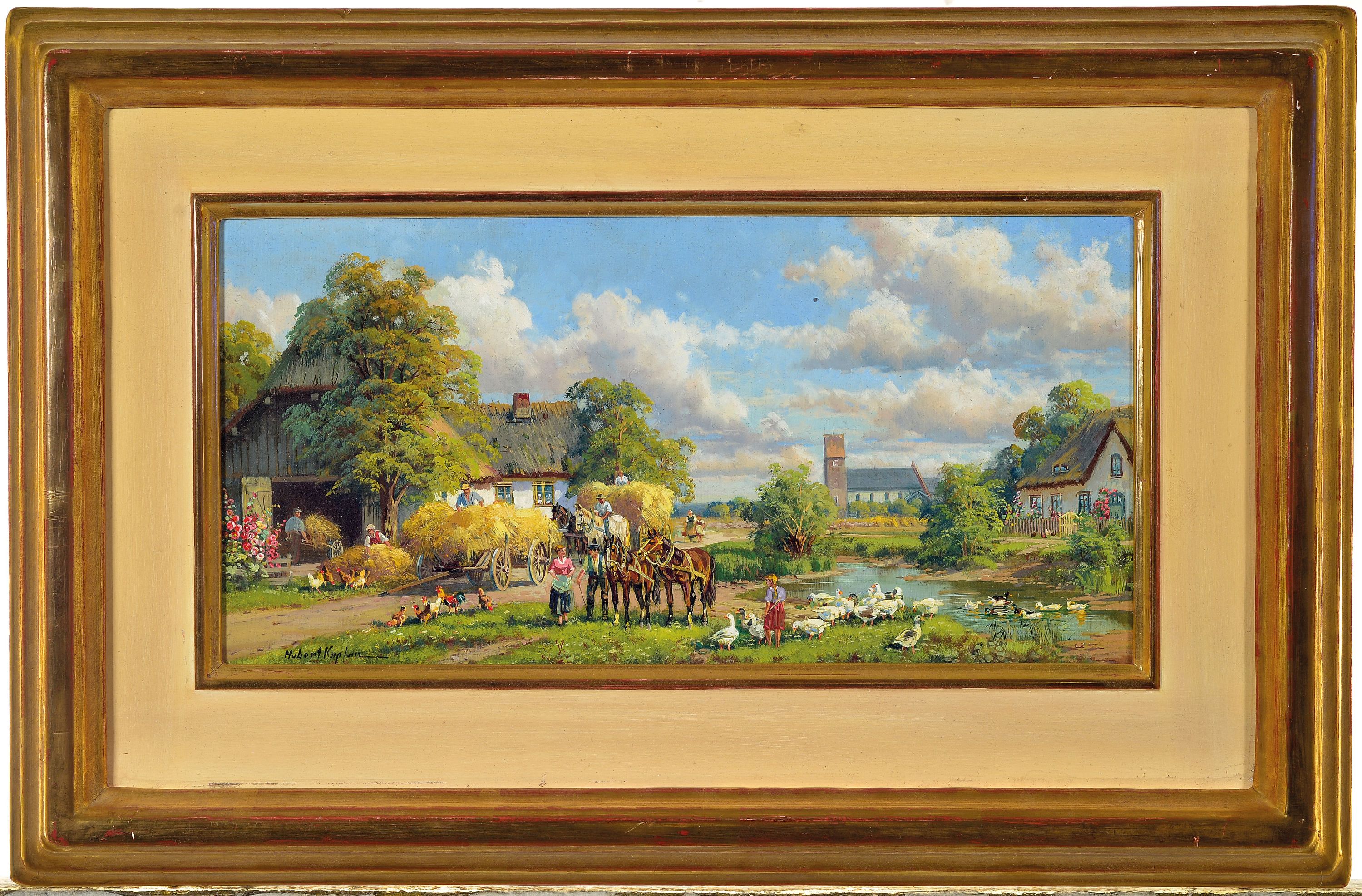 Detail k: Hubert Kaplan, 1940 München-2024 Egling, "Erntezeit", Dorfidyll im Oberland, Fuhrwerke bei der Heimkehr von der Ernte, Figurenstaffage mit ...