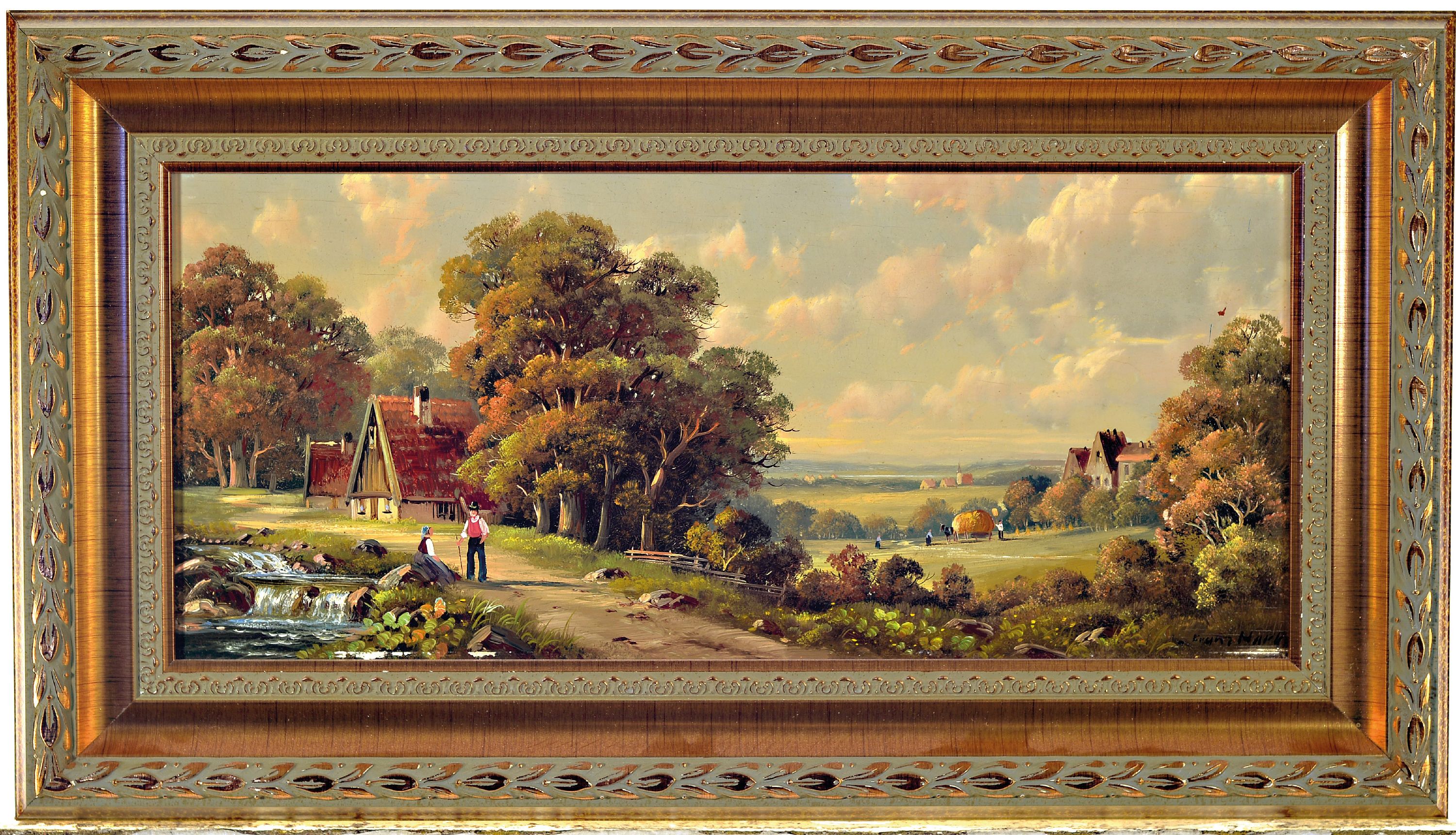 Detail k: Franz Mark, Pseudonym des Hubert Kaplan, 1940 München-2024 Egling, traditionelle Landschaft, Blick auf bäuerliche Landschaft mit Heuernteszene, ...