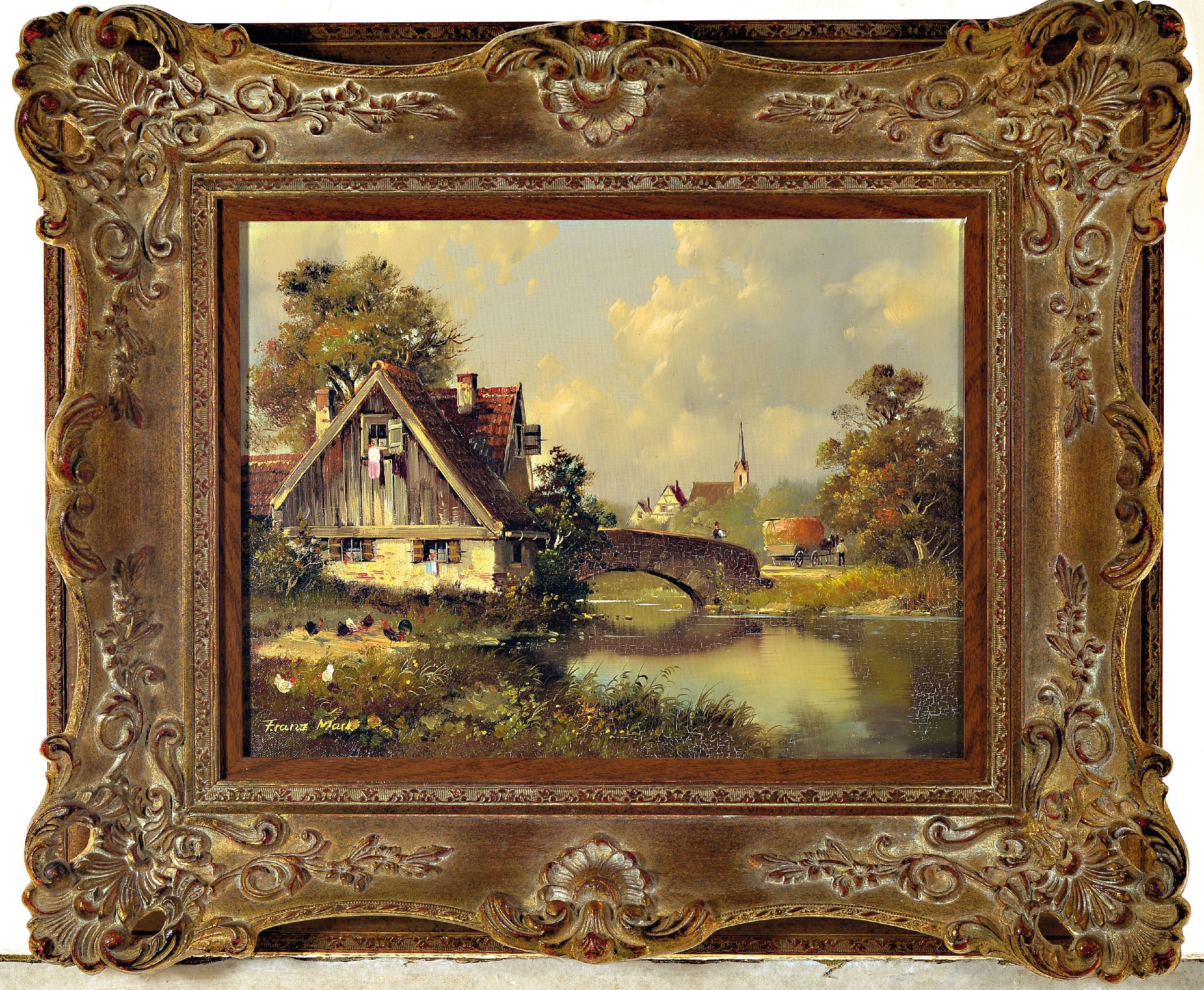 Detail k: Franz Mark, Pseudonym des Hubert Kaplan, 1940 München-2024 Egling, bäuerliche Dorflandschaft Landschaft, Figurenstaffage mitGeflügel und Heimkehr ...