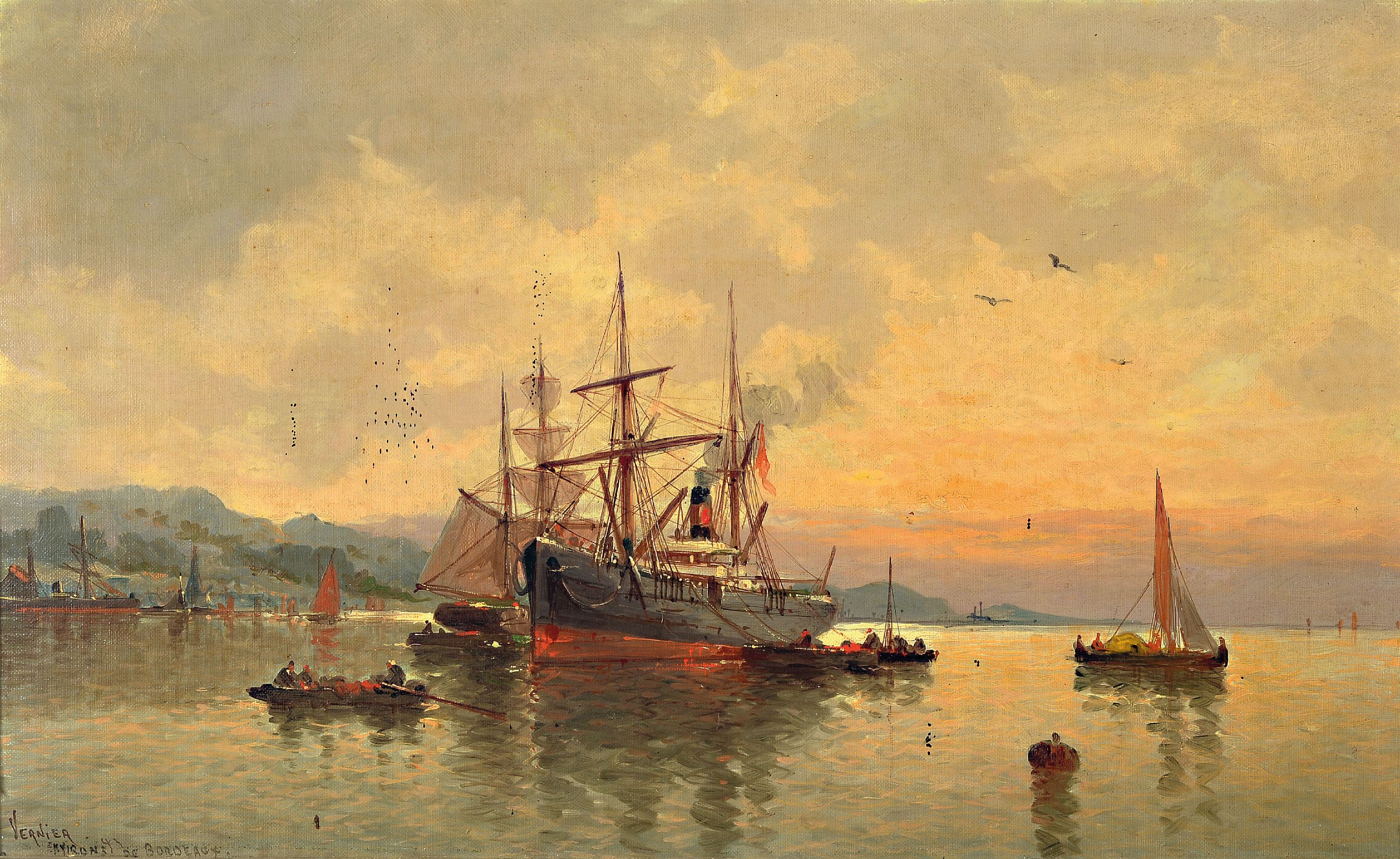 Image 27039575 - Jules Vernier, 1862-1937, französisch, Hafenszene bei Bordeaux, links unten signiert ...