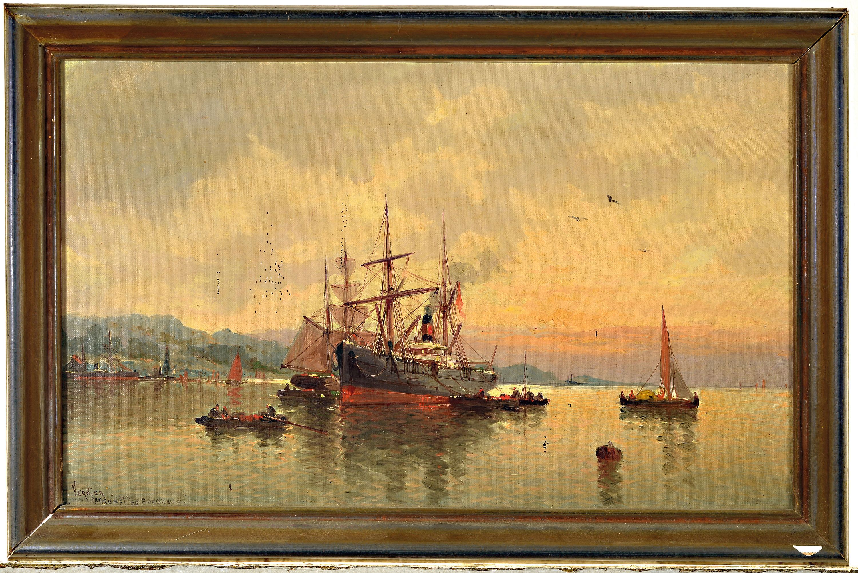 Detail k: Jules Vernier, 1862-1937, französisch, Hafenszene bei Bordeaux, links unten signiert und bez. "Environs de Bordeaux", Öl/Lwd, punktuelle ...