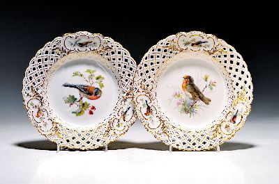 Image Paar Zierteller, Meissen, um 1880/90, Durchbrucharbeit, feiner, Vogeldekor, in drei ...