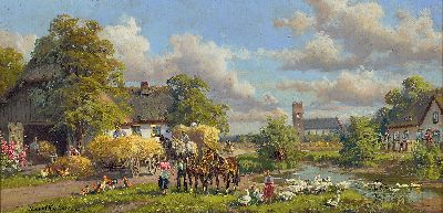 Image Hubert Kaplan, 1940 München-2024 Egling, ´Erntezeit´, Dorfidyll im Oberland, Fuhrwerke ...