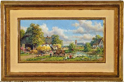 27039571k - Hubert Kaplan, 1940 München-2024 Egling, ´Erntezeit´, Dorfidyll im Oberland, Fuhrwerke ...