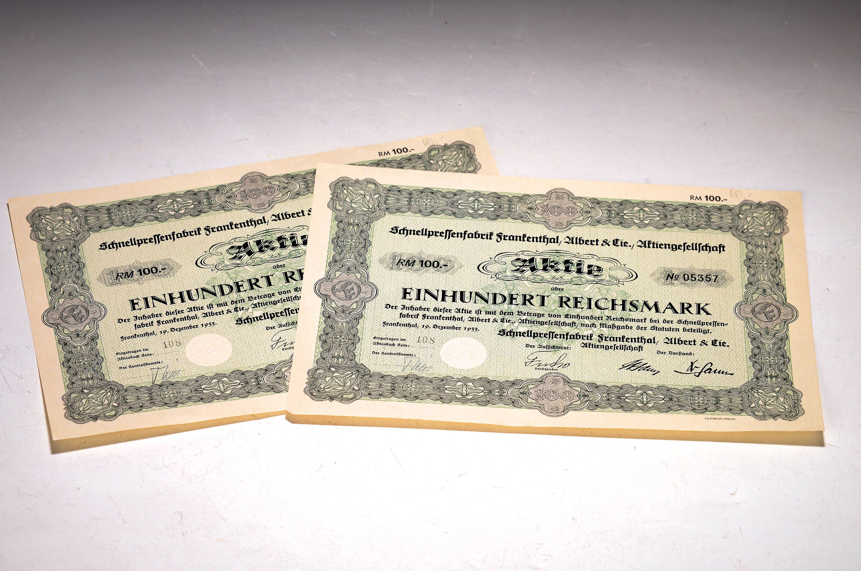 Image 27039825 - 2 Inhaberaktien, Schnellpressenfarbrik Albert & Cie., Frankenthal, Pfalz, 19. Dez. 1933, ...