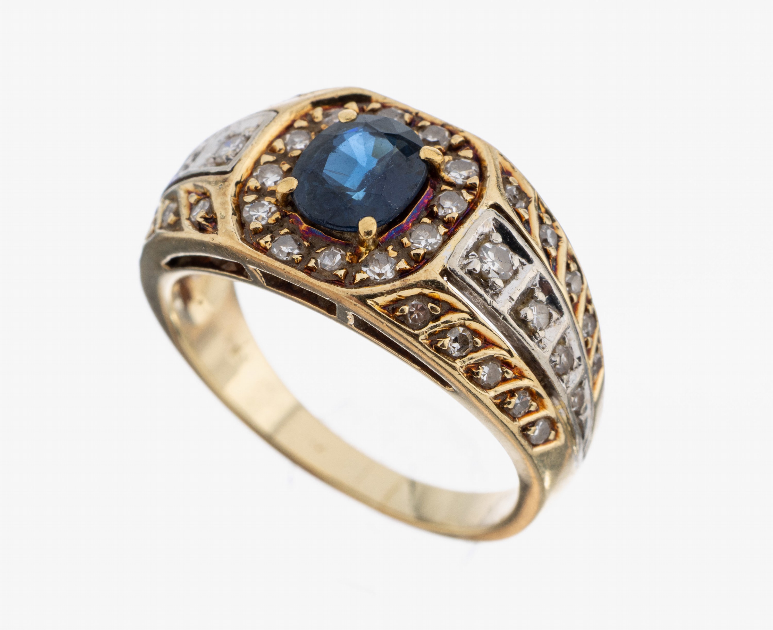 Image 27040079 - 14 kt Gold Saphir-Diamant-Ring, GG/WG 585/000, mittig mit einem ovalfacett. Saphir ca. ...