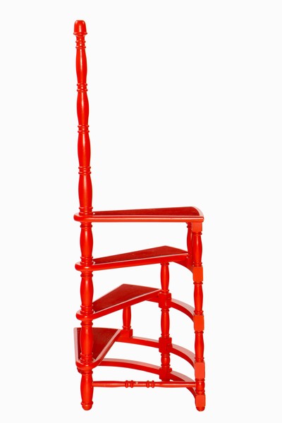 27040060a - Bibliothekstreppe, Buche massiv, rot lackiert, Einzelteile aufwendig gedrechselt, 4 ...