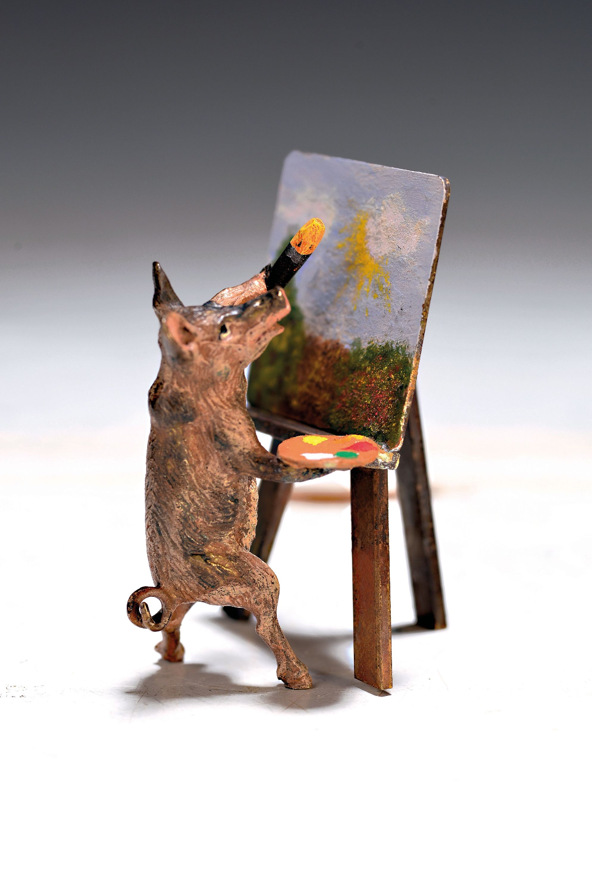 Image 27040730 - Wiener Bronze, sign. Bergmann Austria, Schwein malt Landschaftsgemälde, bunt staffiert, ...