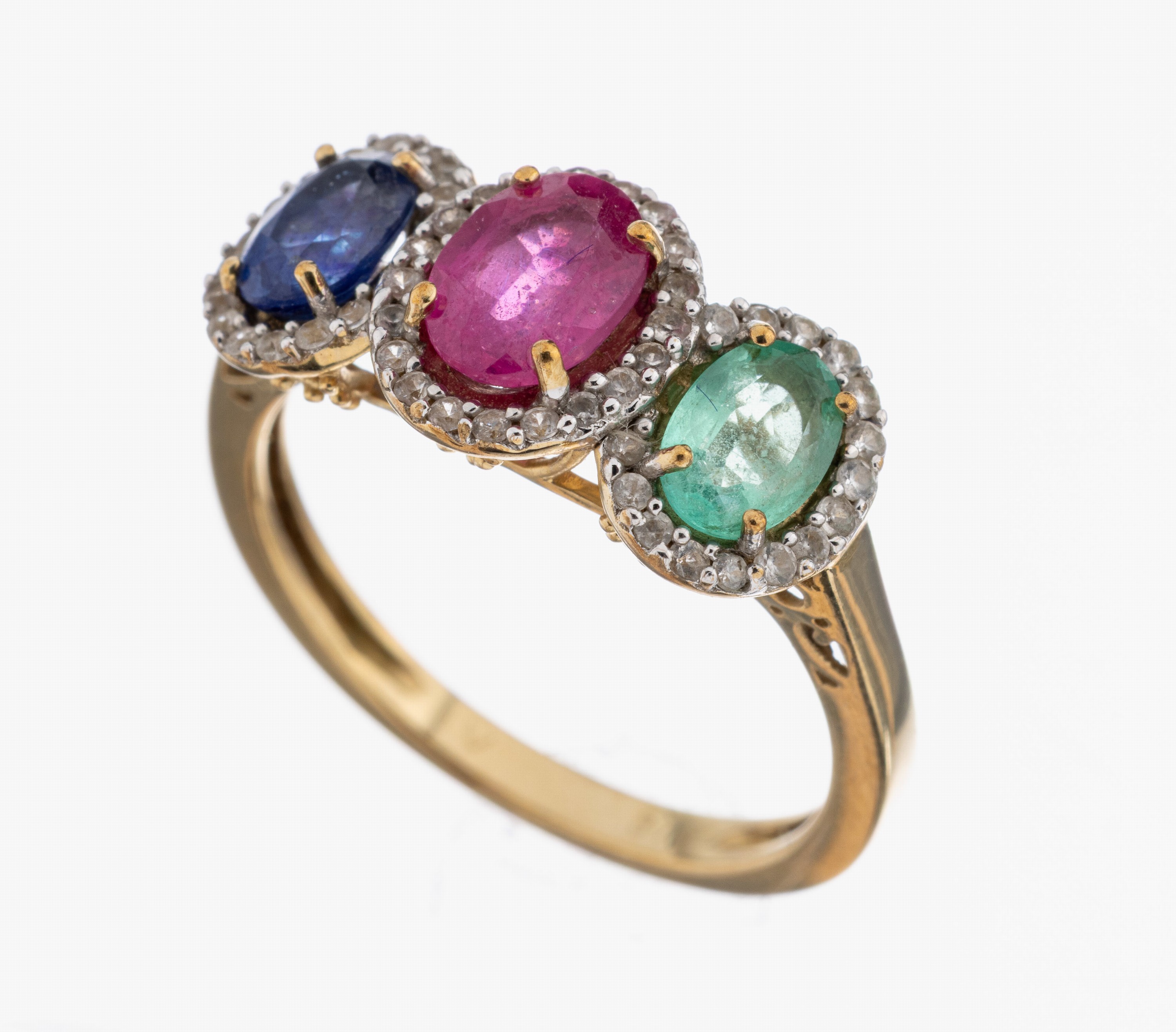 Image 27040784 - 9 kt Gold Farbstein-Ring, GG 375/000, ovalfacett. Saphir, Rubin und Smaragd ca. 2.0 ct, ...