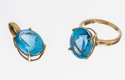 Image 9 kt Gold Topas-Schmuckset, GG 375/000, best. aus: 1 Ring, RW 56, ovalfacett. Blautopas ...