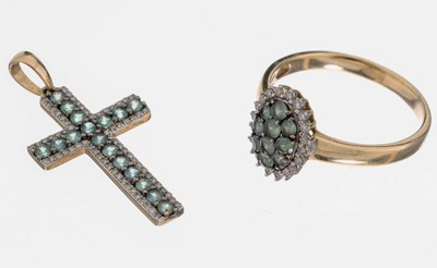 Image 14 kt Gold Farbstein-Diamant-Schmuckset, GG585/000, best. aus: Ring mit 10 rundfacett. ...