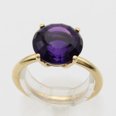 27040949a - Ring mit Amethyst, GG 585/000, runder Amethyst in Krappenfassung ca. 4.93 ct, RW ca. 55 ...