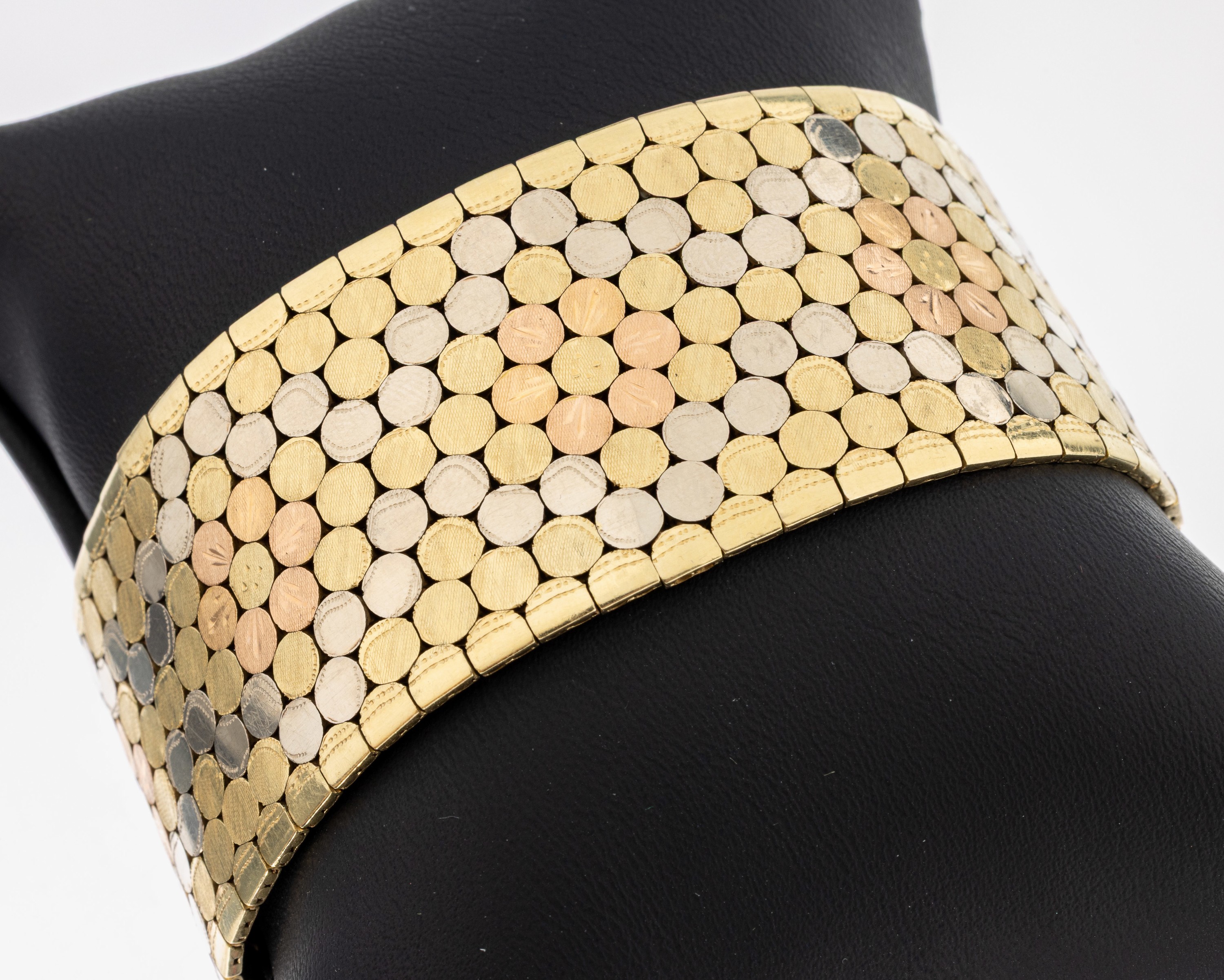 Image 27041012 - 14 kt Gold Armband, GG/WG/RG 585/000, sogn.Teppicharmband, B. ca. 3.0 cm, L. ca. 19 cm, ...