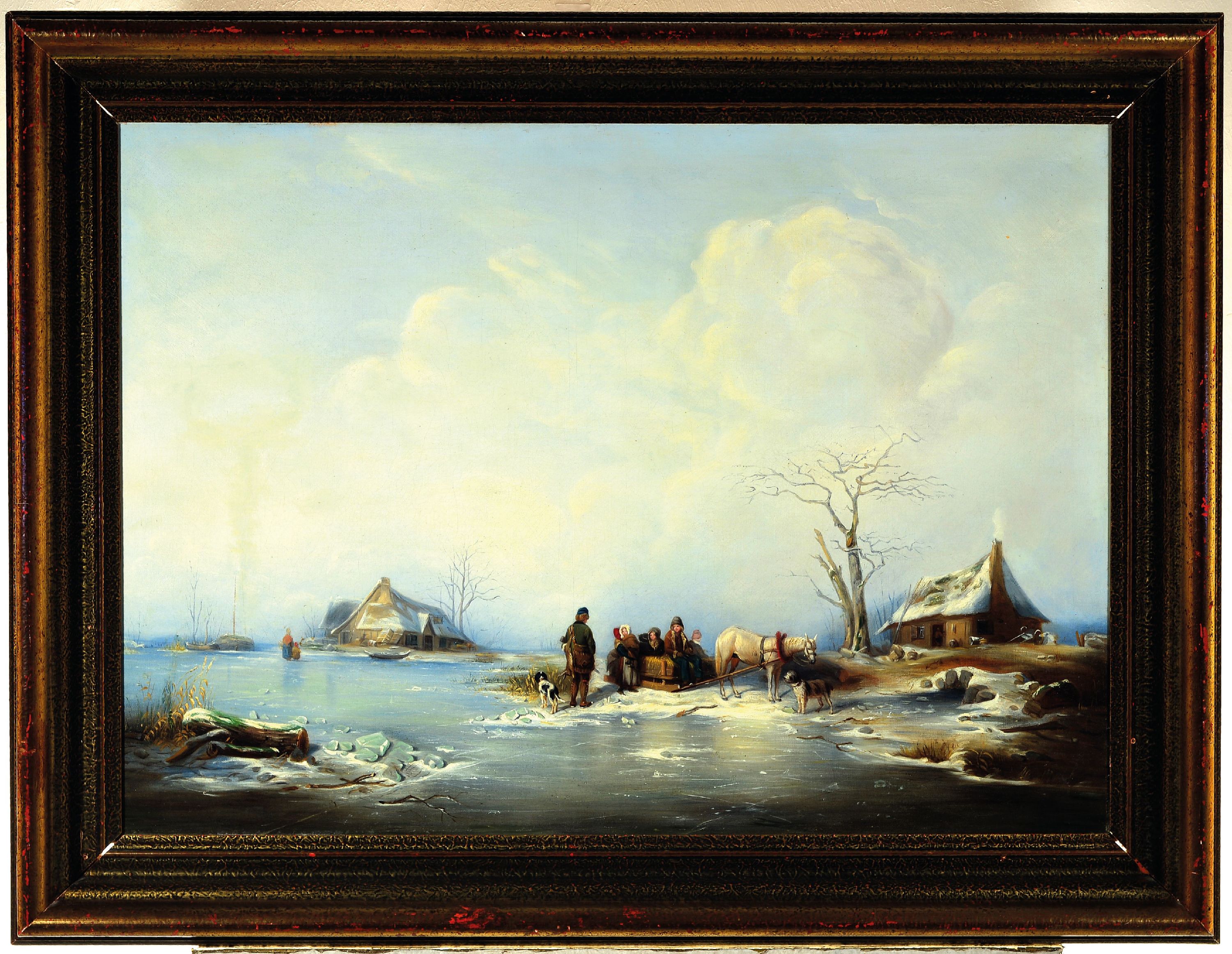 Detail k: Wilhelm Alexander Meyerheim, 1815 Danzig-1882 Berlin, Winterlandschaft mit Bauernfamilie und Pferdeschlitten auf dem Eis, Öl/Lwd, rest., doubl., ...