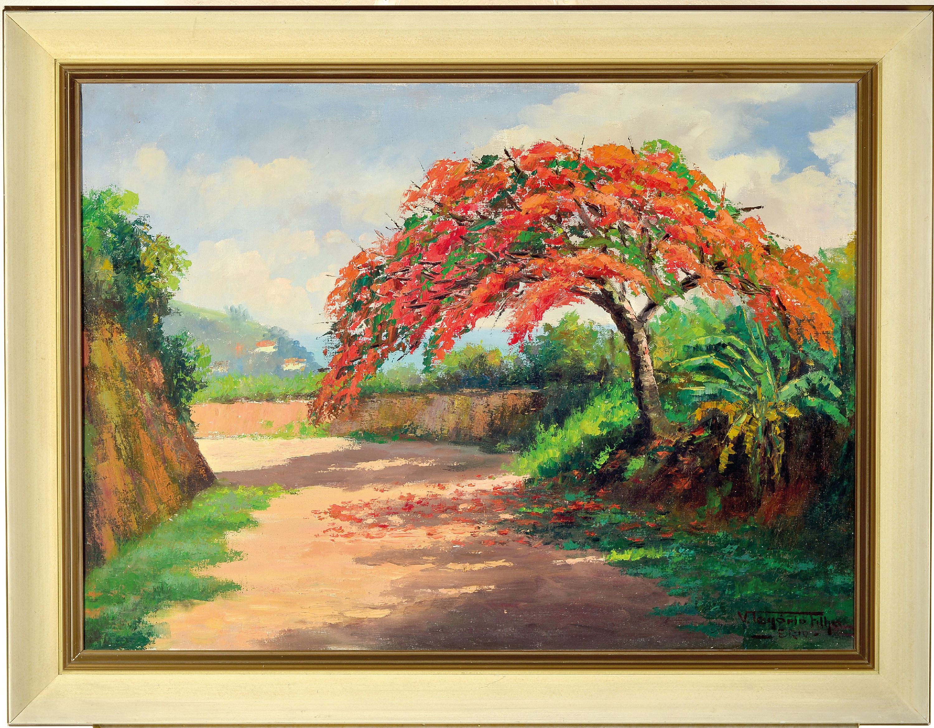 Detail k: Virgilio Tenorio Filho, blühender Jacarandabaum am Weg, Öl/Lwd, rechts unten sign., ca. 60x80cm, R. ca. 76x96cm