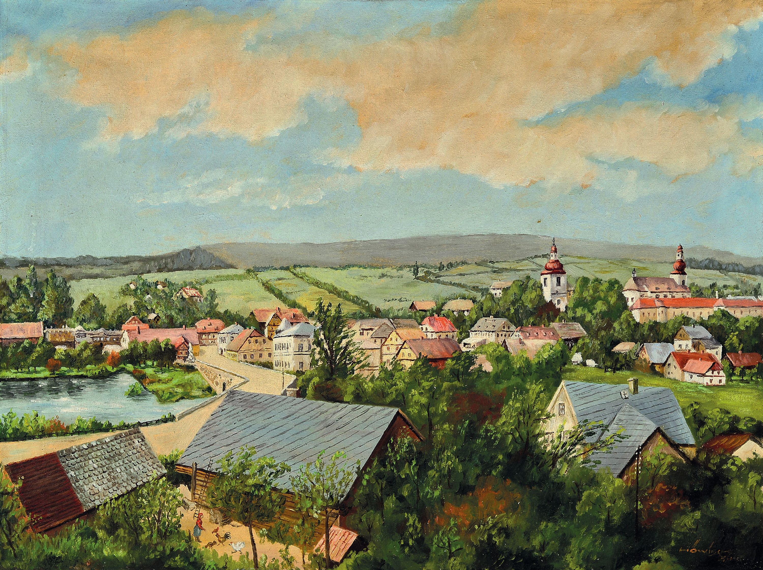 Image 27041136 - Höwisch, datiert (19)34, Blick auf eine Ortschaft, Öl/Lwd, rechts unten sign. und ...