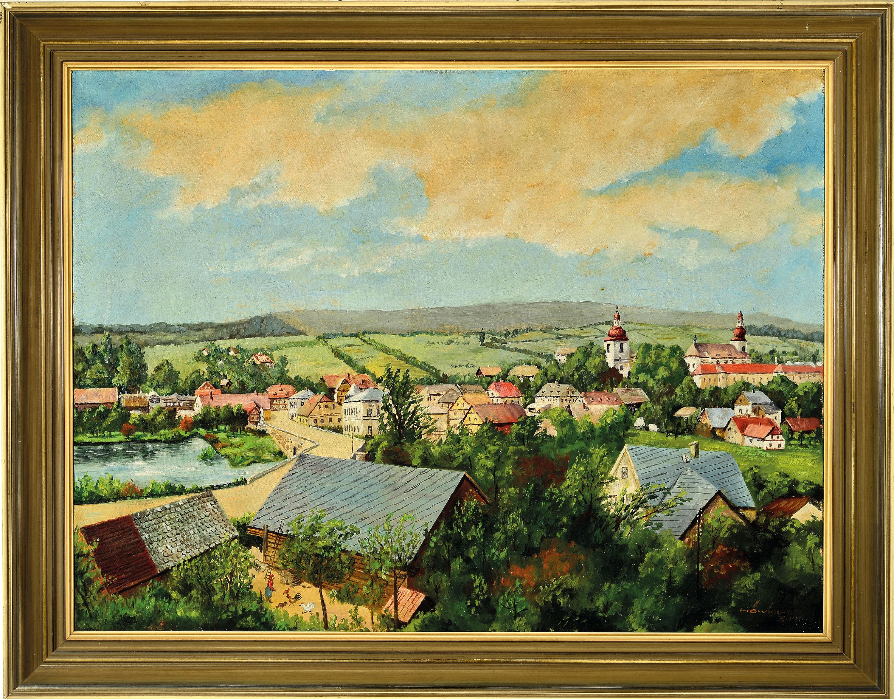 Detail k: Höwisch, datiert (19)34, Blick auf eine Ortschaft, Öl/Lwd, rechts unten sign. und datiert, 92x72 cm mit Rahmen