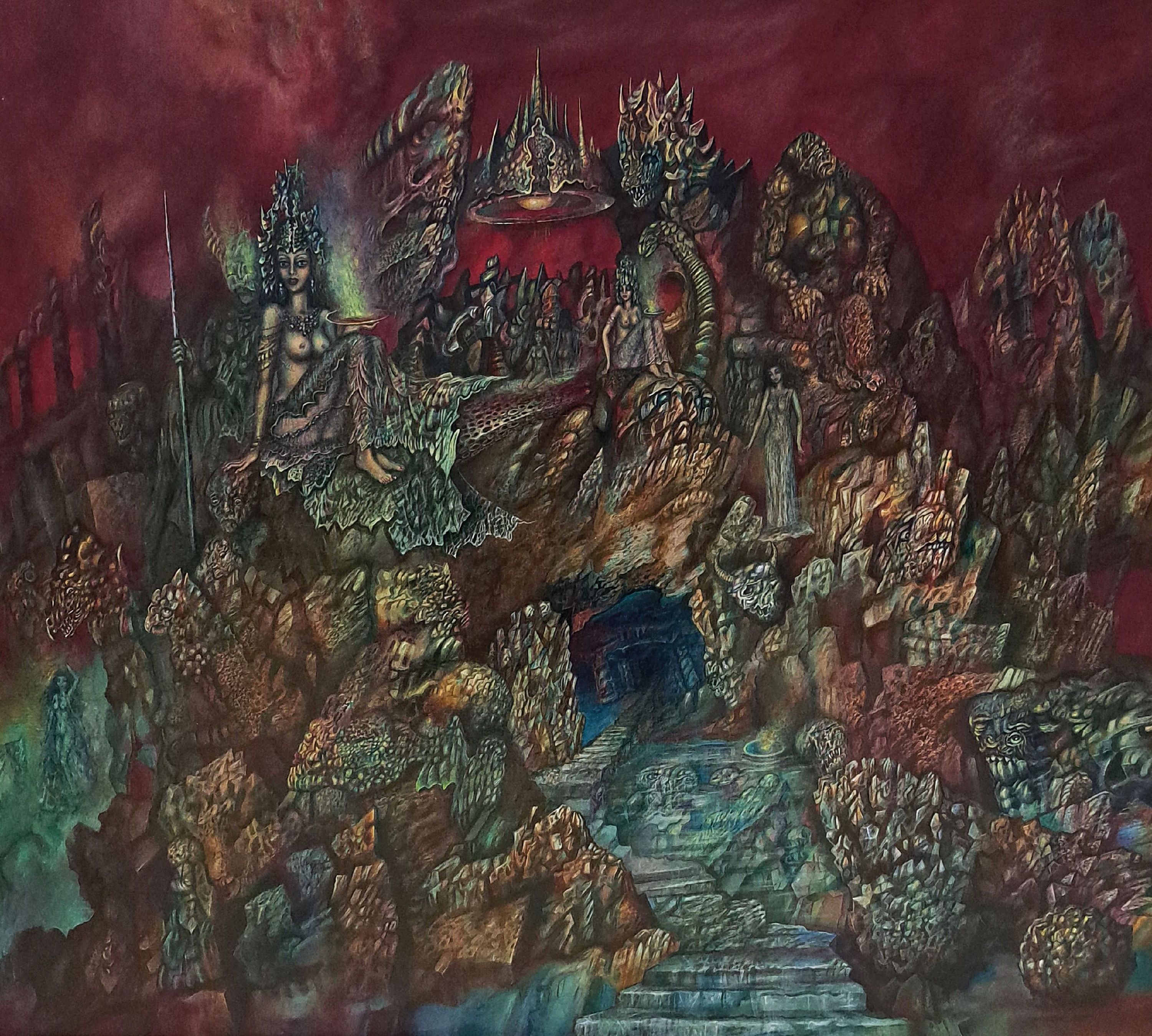 Detail k: Hellmut Neukirch, geb. 1937 Berlin, vielfigurige surrealistische Komposition, Öl/Holz, rechts unten sign. und dat. 82, ca. 89x99cm, R. ca. 95x105cm