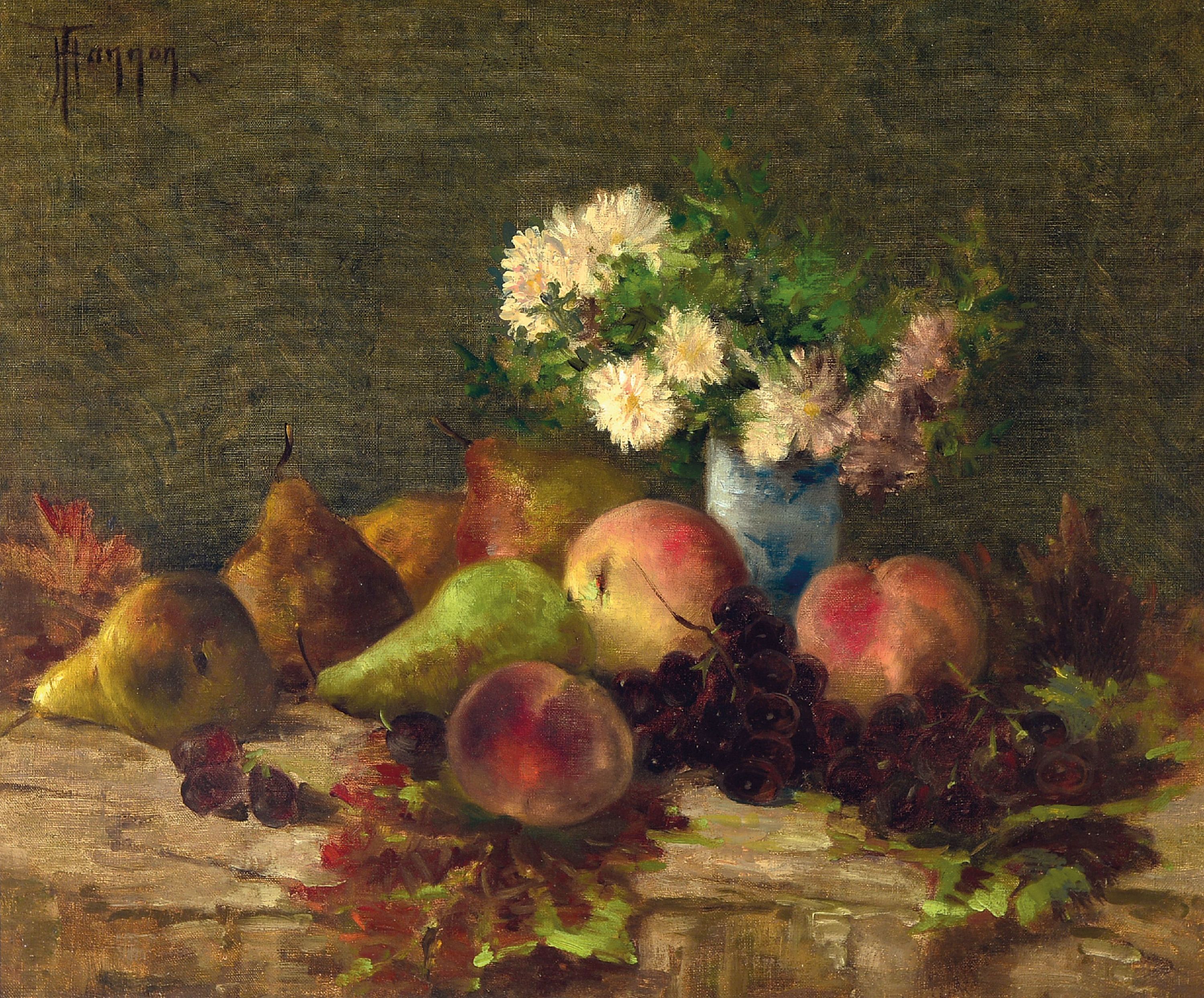 Image 27041168 - Théodore Hannon, 1851-1916, Stillleben mit Blumen und Früchten, Öl/Lwd, links oben ...