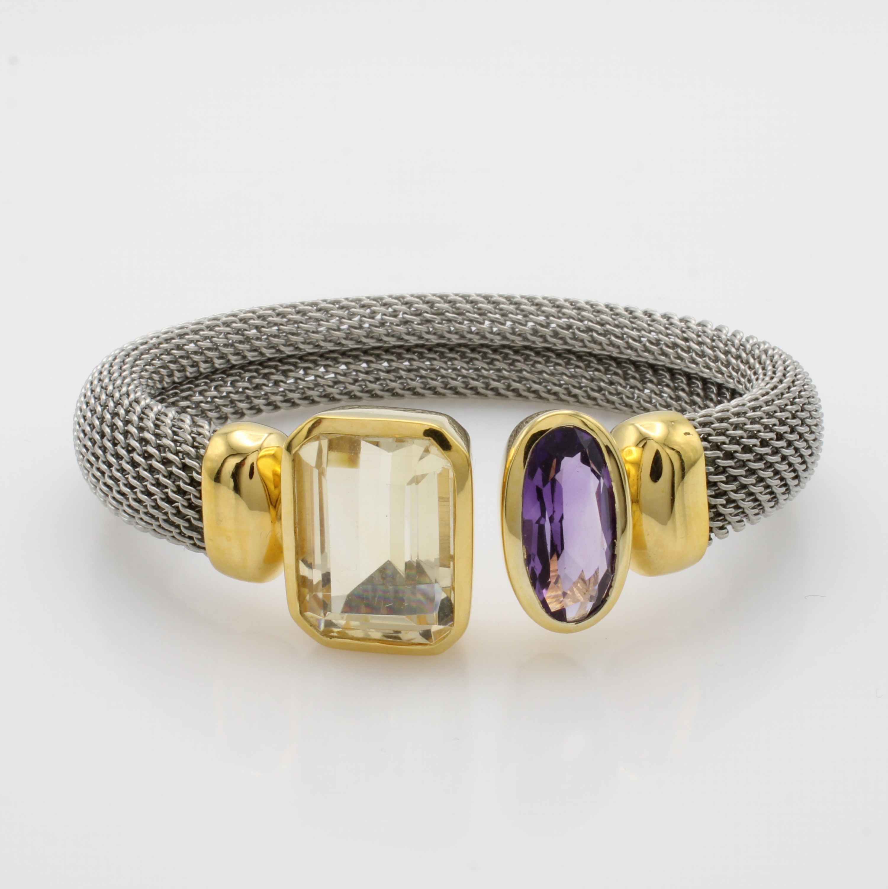 Image 27041184 - Armreif mit Citrin und Amethyst, Stahl, Fassungen u. Endkappen Silber verg., achteckiger ...