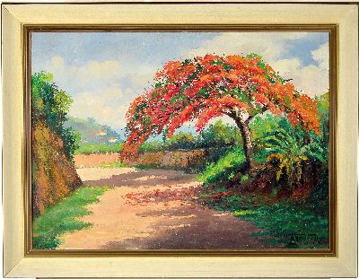 27041135k - Virgilio Tenorio Filho, blühender Jacarandabaum am Weg, Öl/Lwd, rechts unten sign., ...