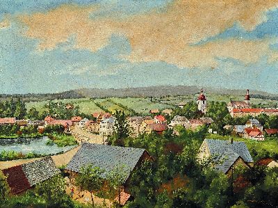 Image Höwisch, datiert (19)34, Blick auf eine Ortschaft, Öl/Lwd, rechts unten sign. und ...