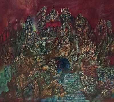 27041139k - Hellmut Neukirch, geb. 1937 Berlin, vielfigurige surrealistische Komposition, Öl/Holz, ...