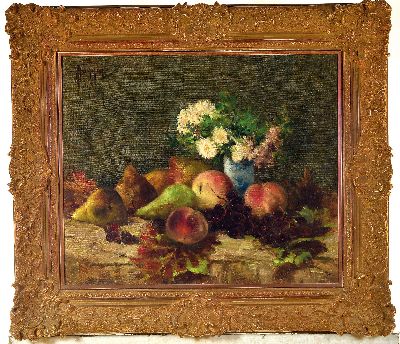 27041168k - Théodore Hannon, 1851-1916, Stillleben mit Blumen und Früchten, Öl/Lwd, links oben ...