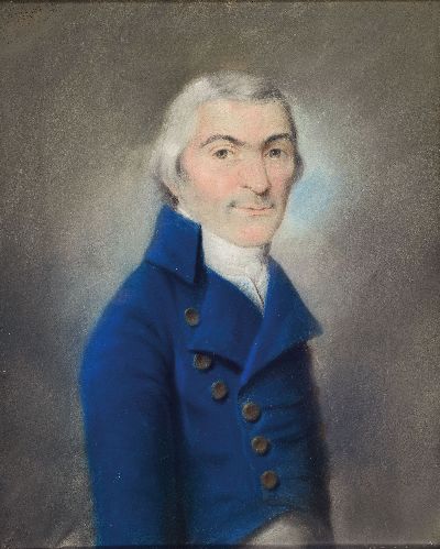 27041179a - Paar Biedermeier Porträts, deutsch, um 1820-30, Herr im blauen Rock, Frau mit weißer ...