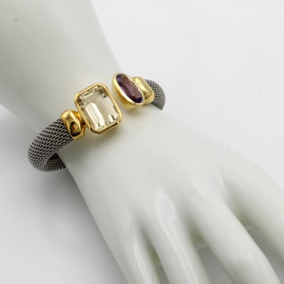 27041184a - Armreif mit Citrin und Amethyst, Stahl, Fassungen u. Endkappen Silber verg., achteckiger ...