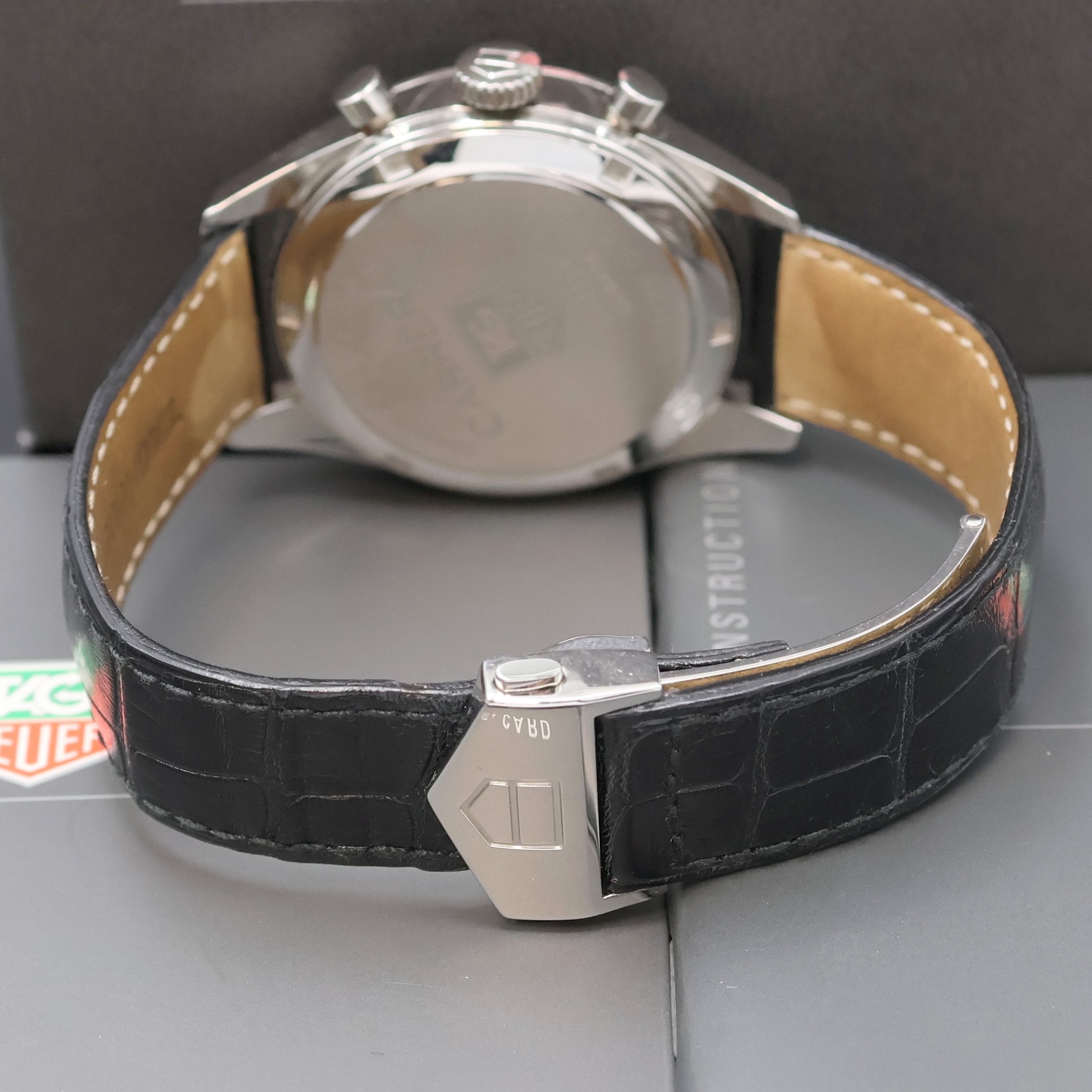 Detail c: TAG HEUER Armbandchronograph Carrera Referenz CV2111, Automatik, Edelstahlgeh. inkl. orig. Lederband m. orig. Faltschl., Boden verschr., schwarzes ...