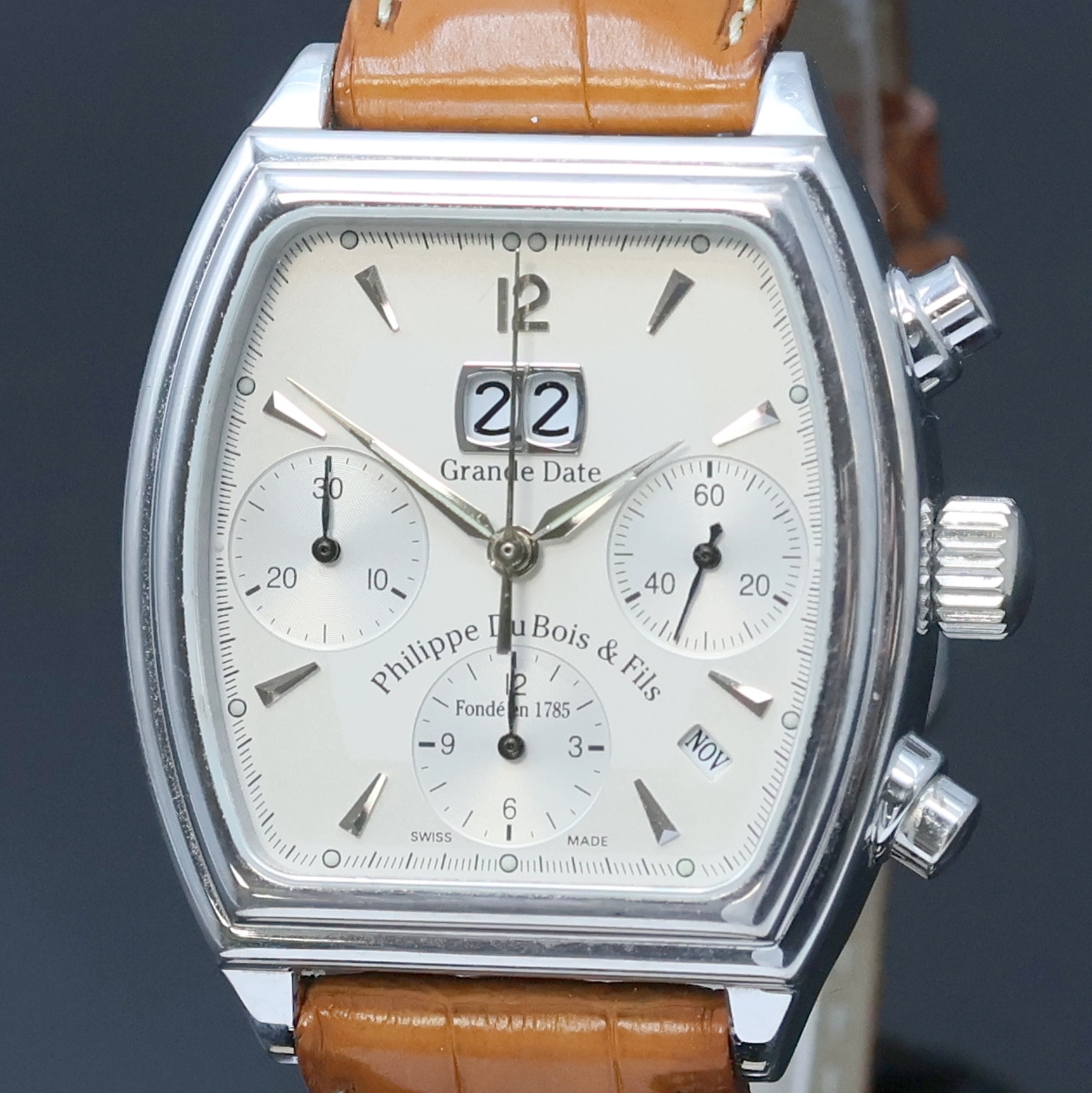 Detail a: PHILIPPE DU BOIS auf 99 Stück limitierter Armbandchronograph Modell Grande Date in WG 750/000, Automatik, Schweiz um 2002, massives, ...