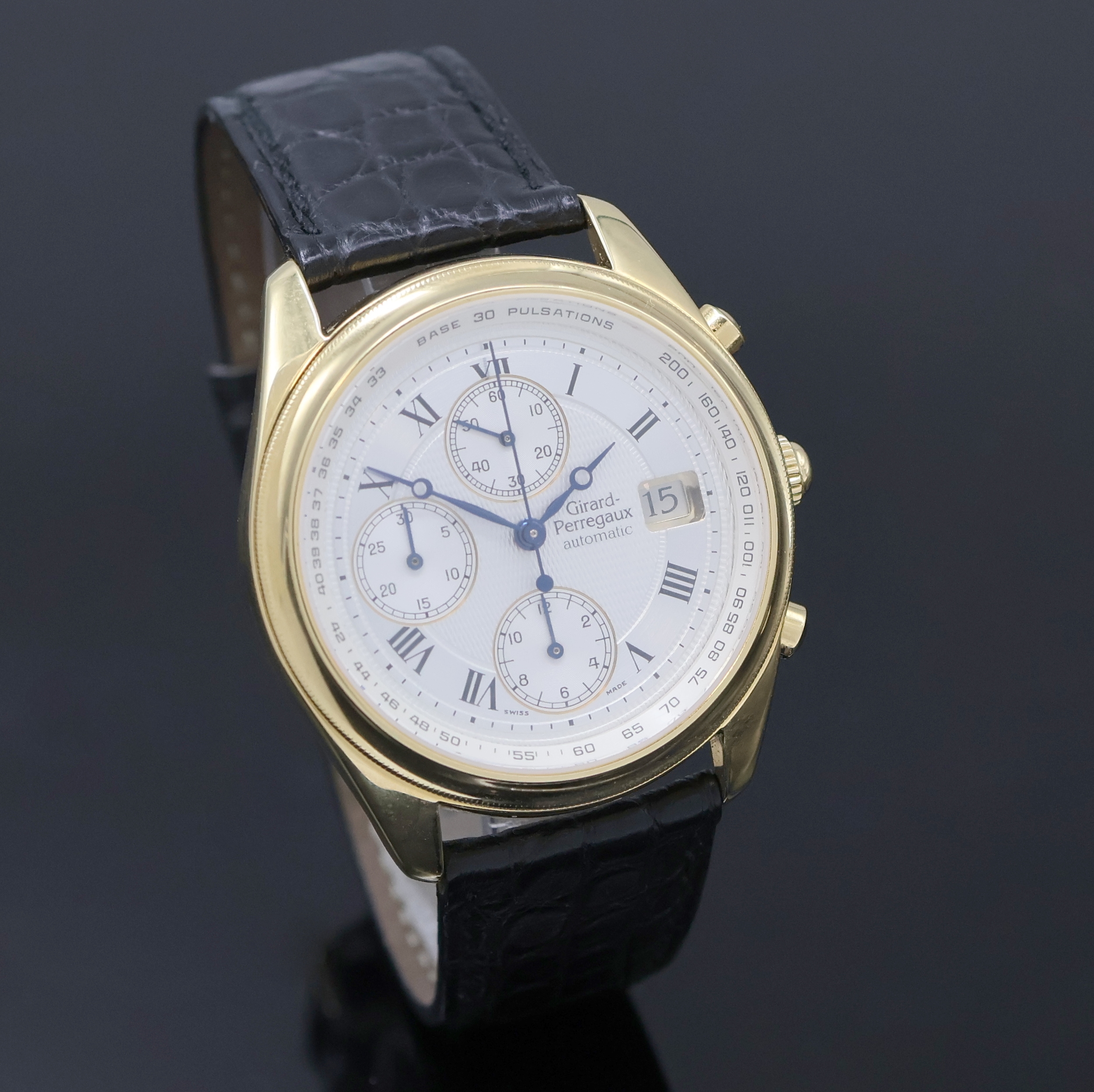 Detail b: GIRARD PERREGAUX Armbandchronograph in GG 750/000 Referenz 4910, Automatik, Schweiz um 1990, 3-teil. Geh. inkl. orig. Lederband mit orig. GG 750/000 ...