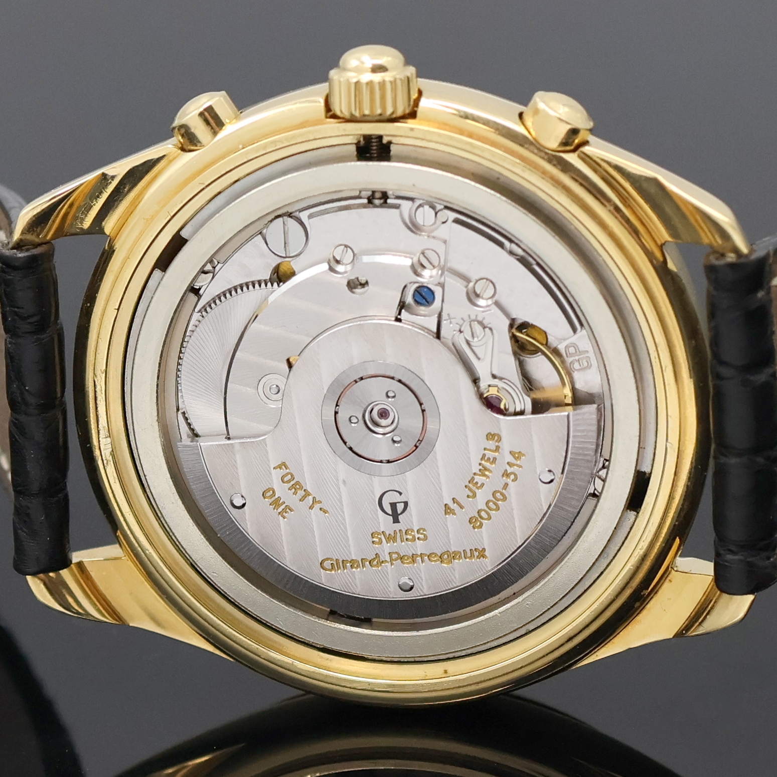 Detail f: GIRARD PERREGAUX Armbandchronograph in GG 750/000 Referenz 4910, Automatik, Schweiz um 1990, 3-teil. Geh. inkl. orig. Lederband mit orig. GG 750/000 ...
