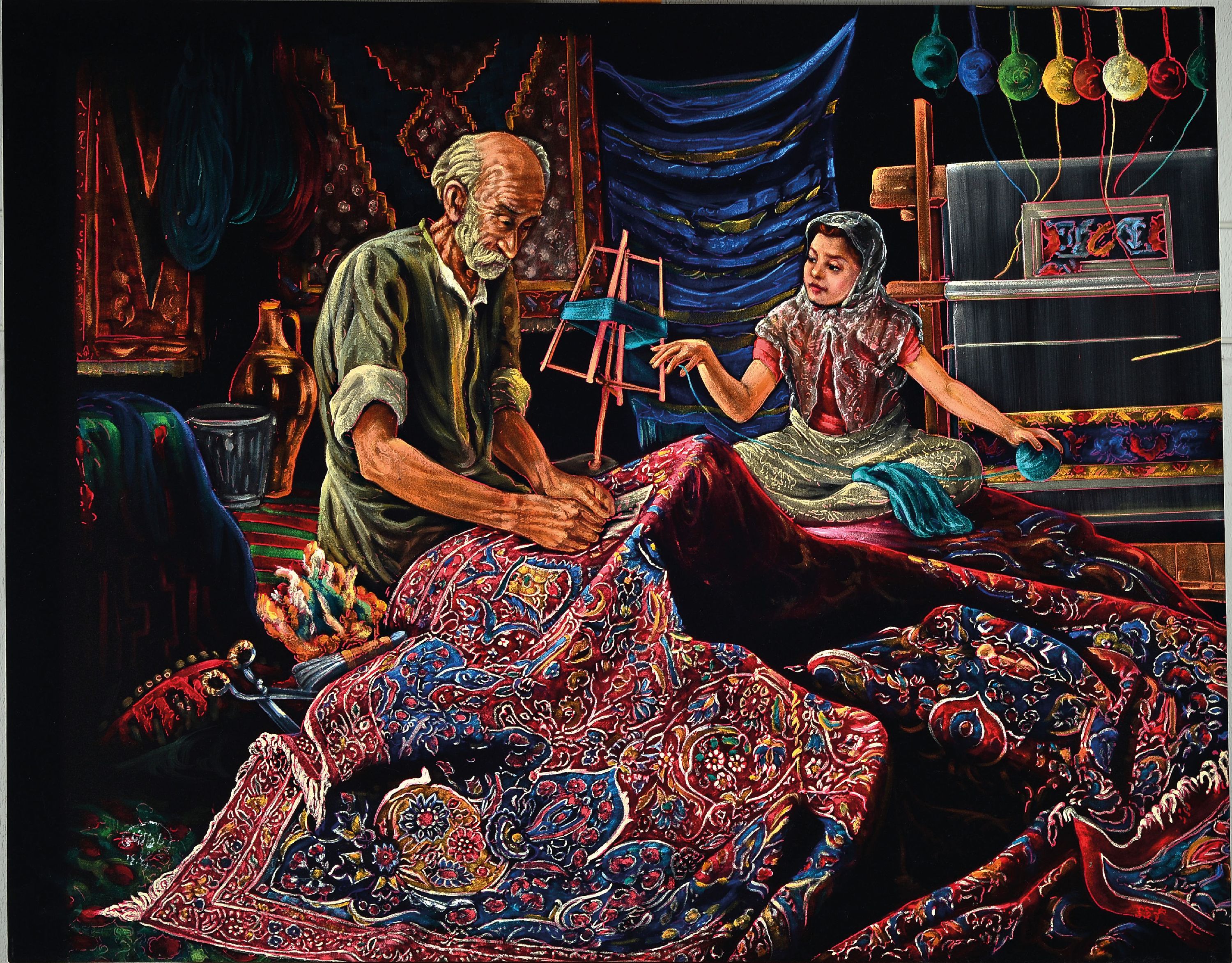 Detail k: Parinaz Bajalanlou, geb. 1985, iranische Künstlerin, in der Teppichknüpferei Öl/schwarzem Samt, monogrammiert, ca. 79 x 98 cm